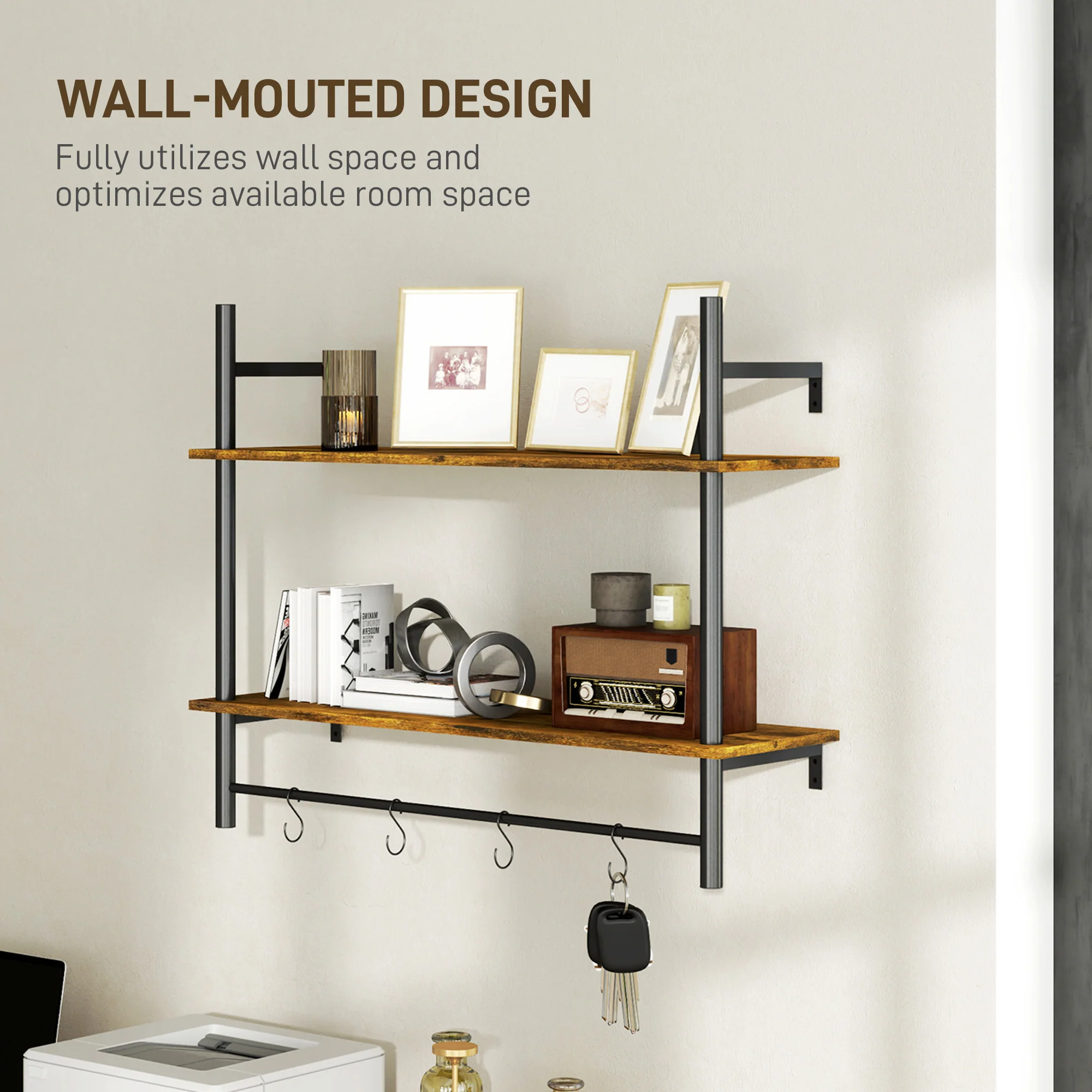 HOMCOM Wall Shelf Unit with 4 Hooks for Living Room, Entryway - Image 15