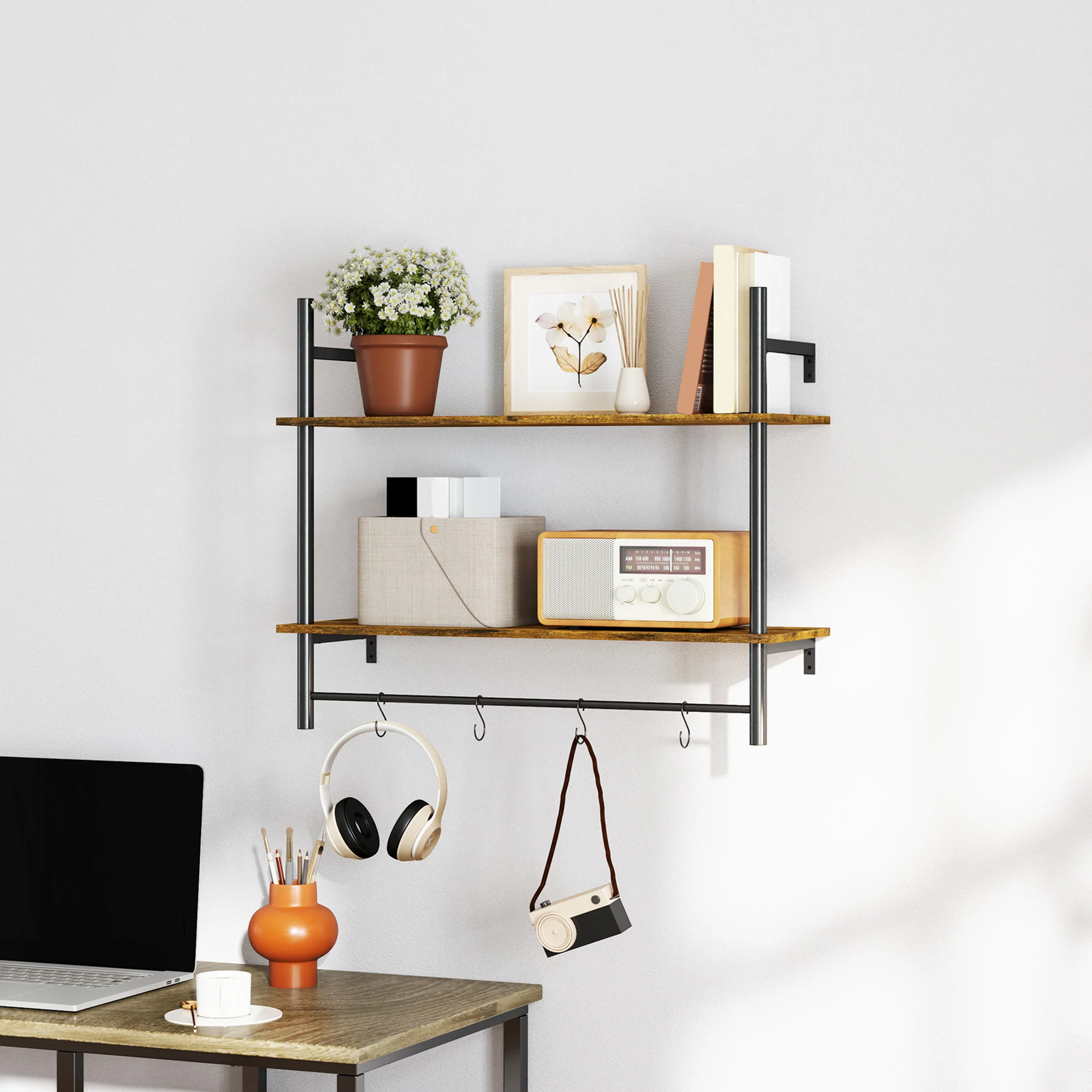 HOMCOM Wall Shelf Unit with 4 Hooks for Living Room, Entryway - Image 16
