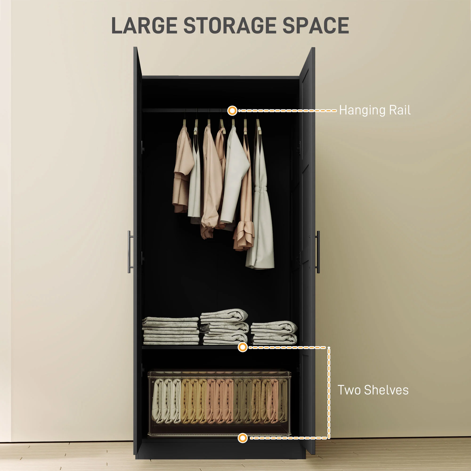 HOMCOM Wardrobe for Bedroom, Double Wardrobe with Hanging Rail - Image 3