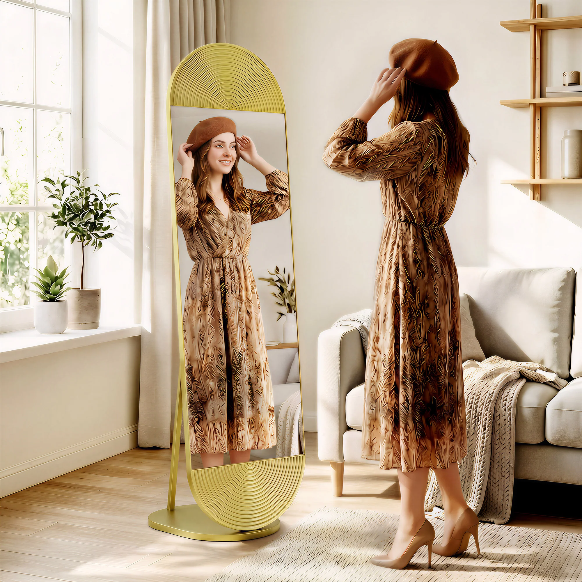 HOMCOM Wavy Full Length Mirror With Metal Frame And Base, Gold Tone - Image 8