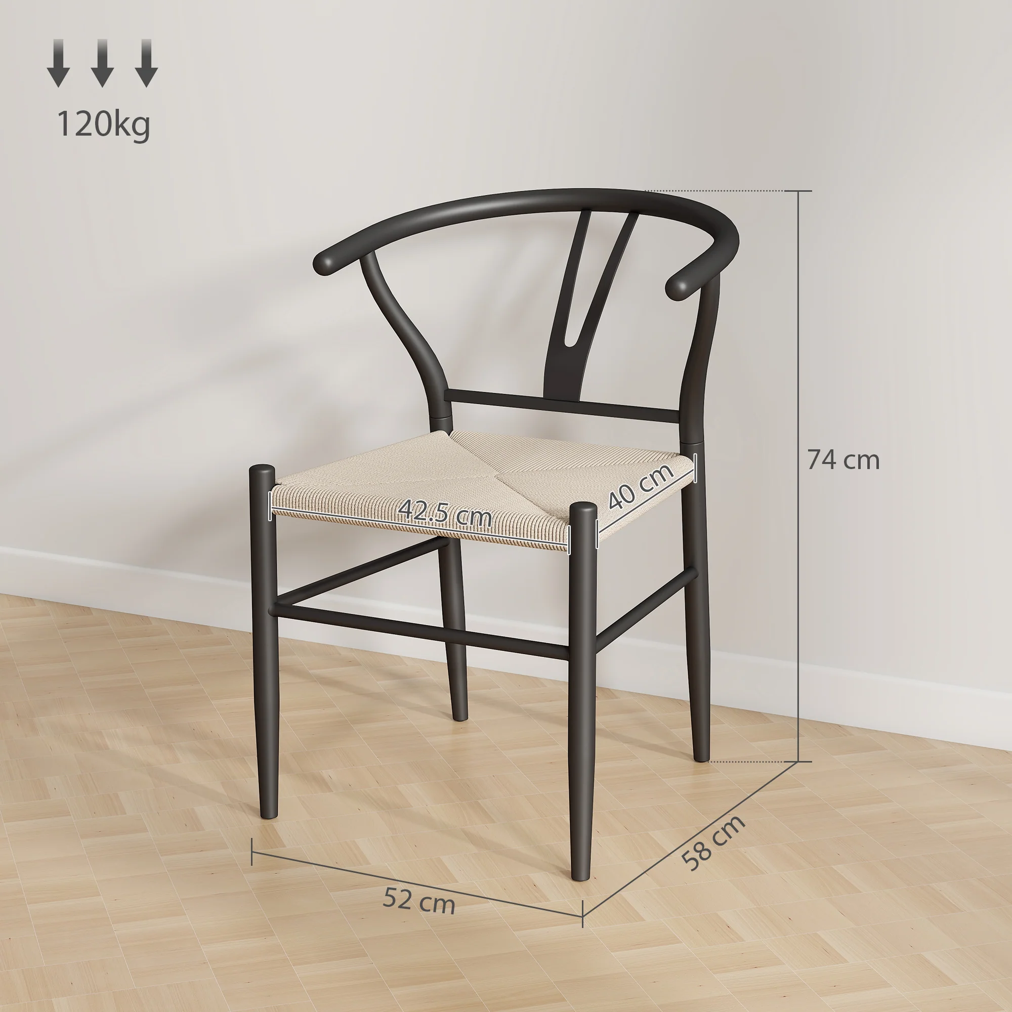 HOMCOM Weave Dining Chairs Set of 2 with Y-Shaped Backrest Hemp Seat Black - Image 5