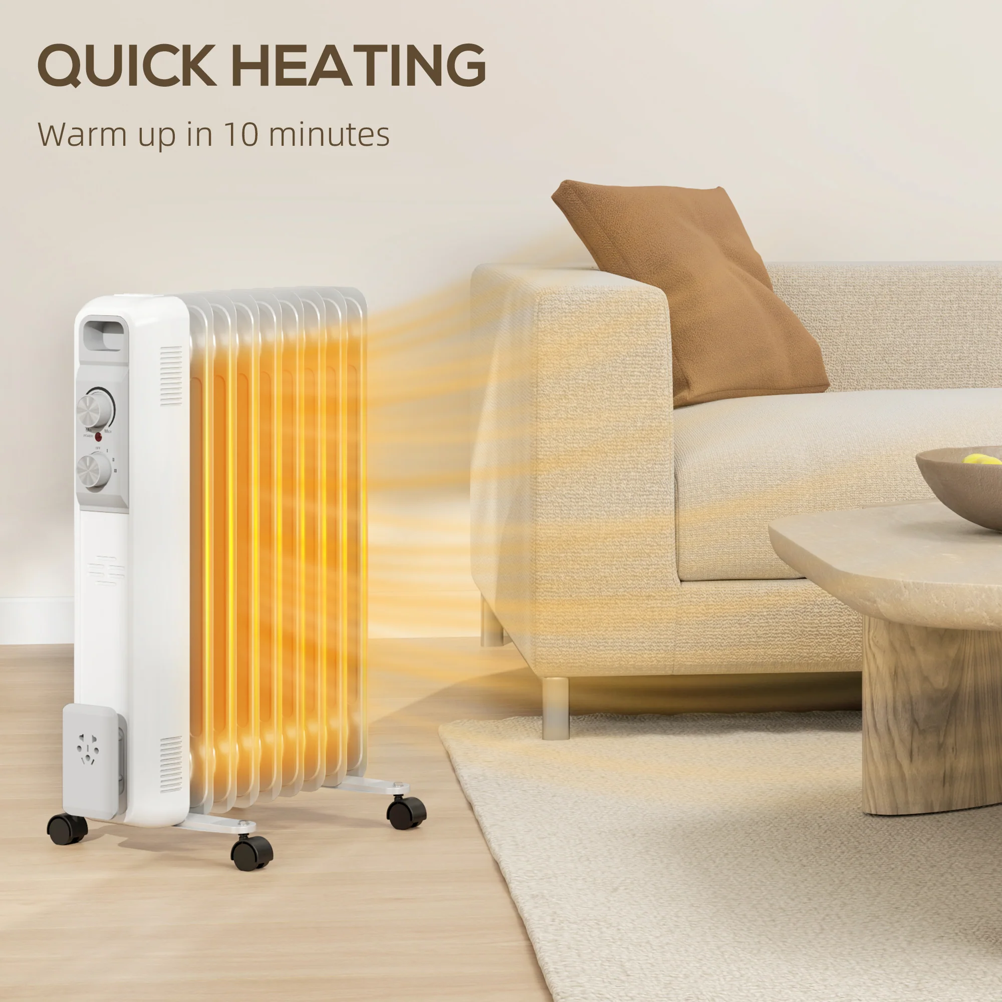 HOMCOM White 2000W 9 Fin Oil Filled Heater Radiator For Home - Image 4