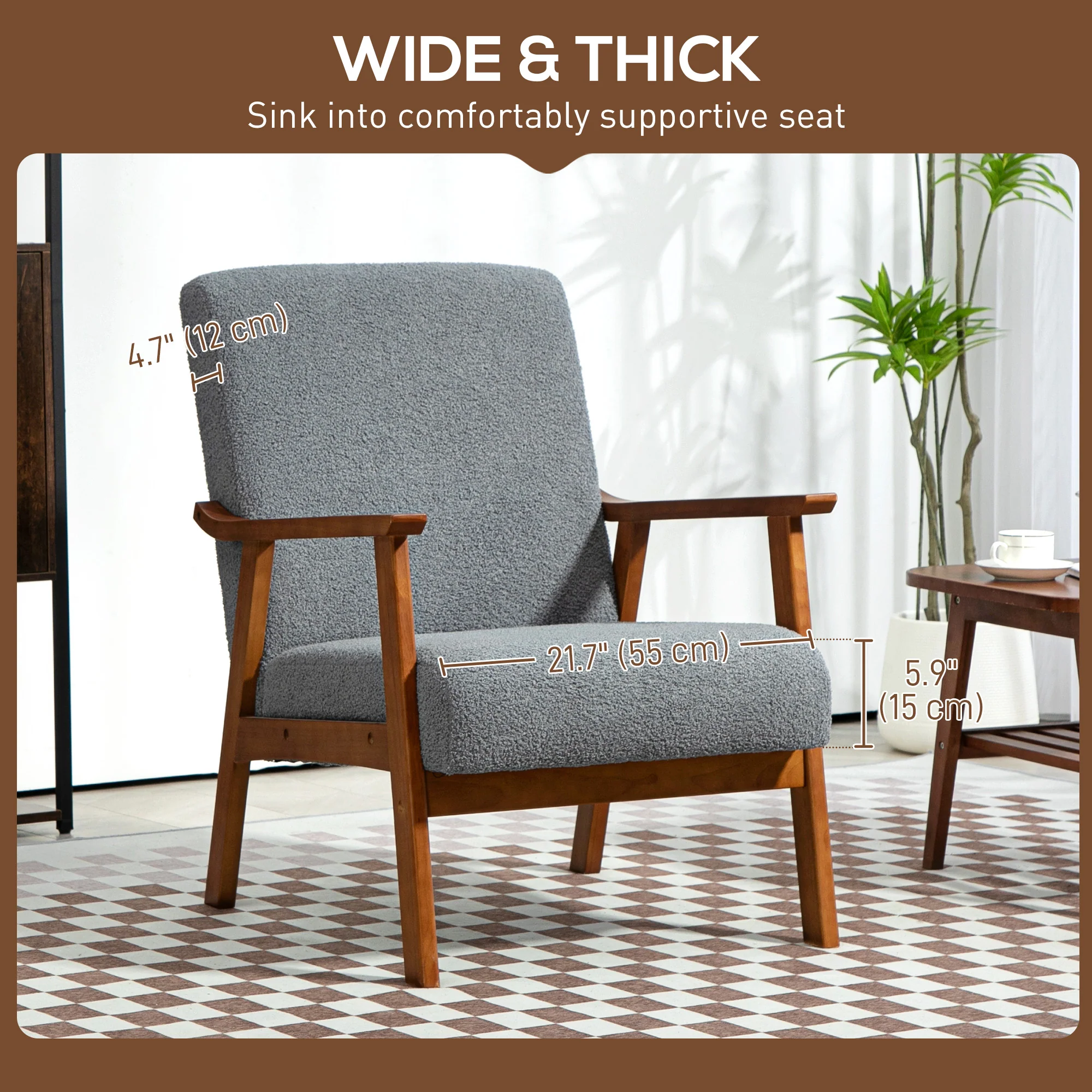 HOMCOM Boucle Accent Chair Armchair W/ Wide Seat For Living Room Bedroom - White/Grey - Image 12