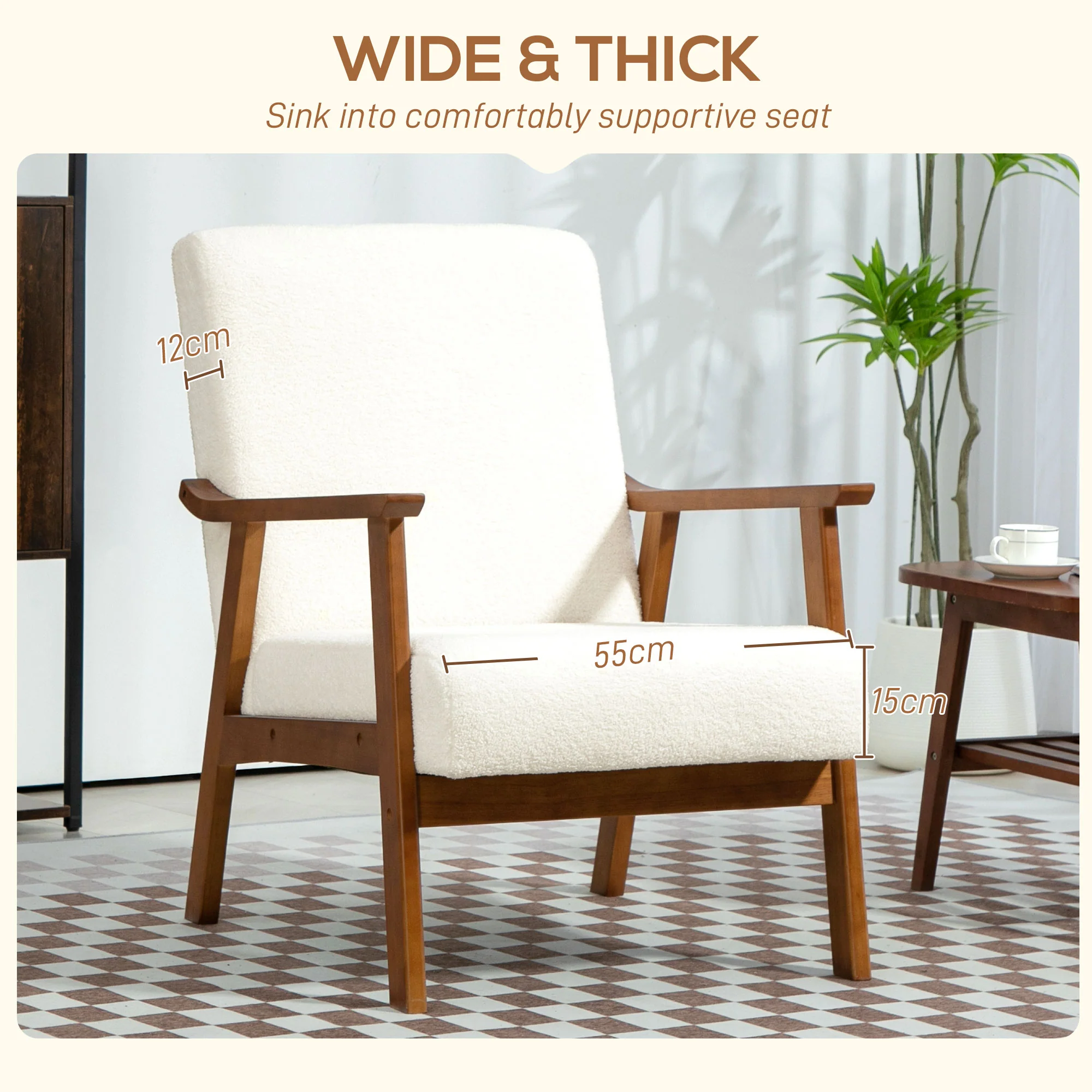 HOMCOM Boucle Accent Chair Armchair W/ Wide Seat For Living Room Bedroom - White/Grey - Image 3