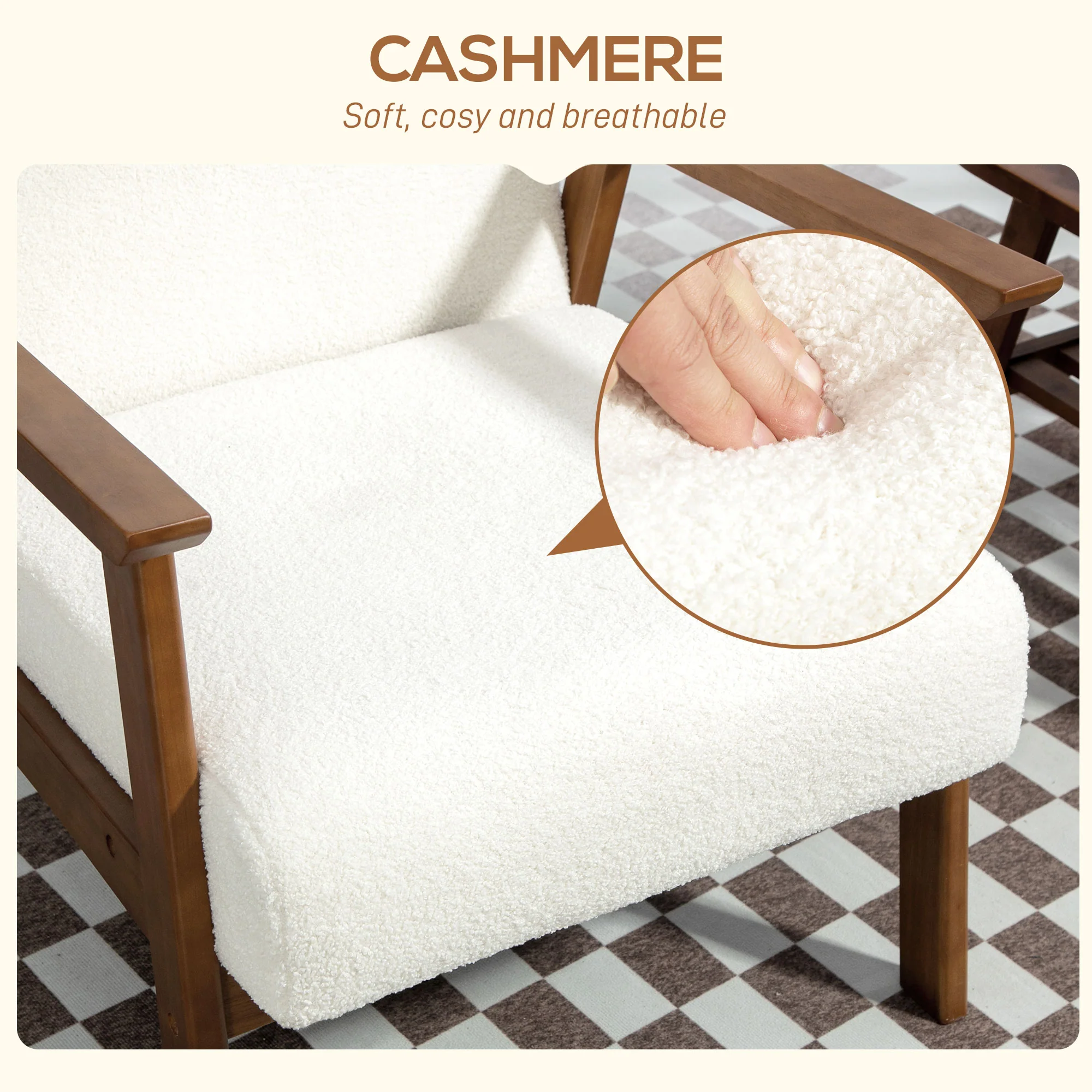 HOMCOM Boucle Accent Chair Armchair W/ Wide Seat For Living Room Bedroom - White/Grey - Image 4