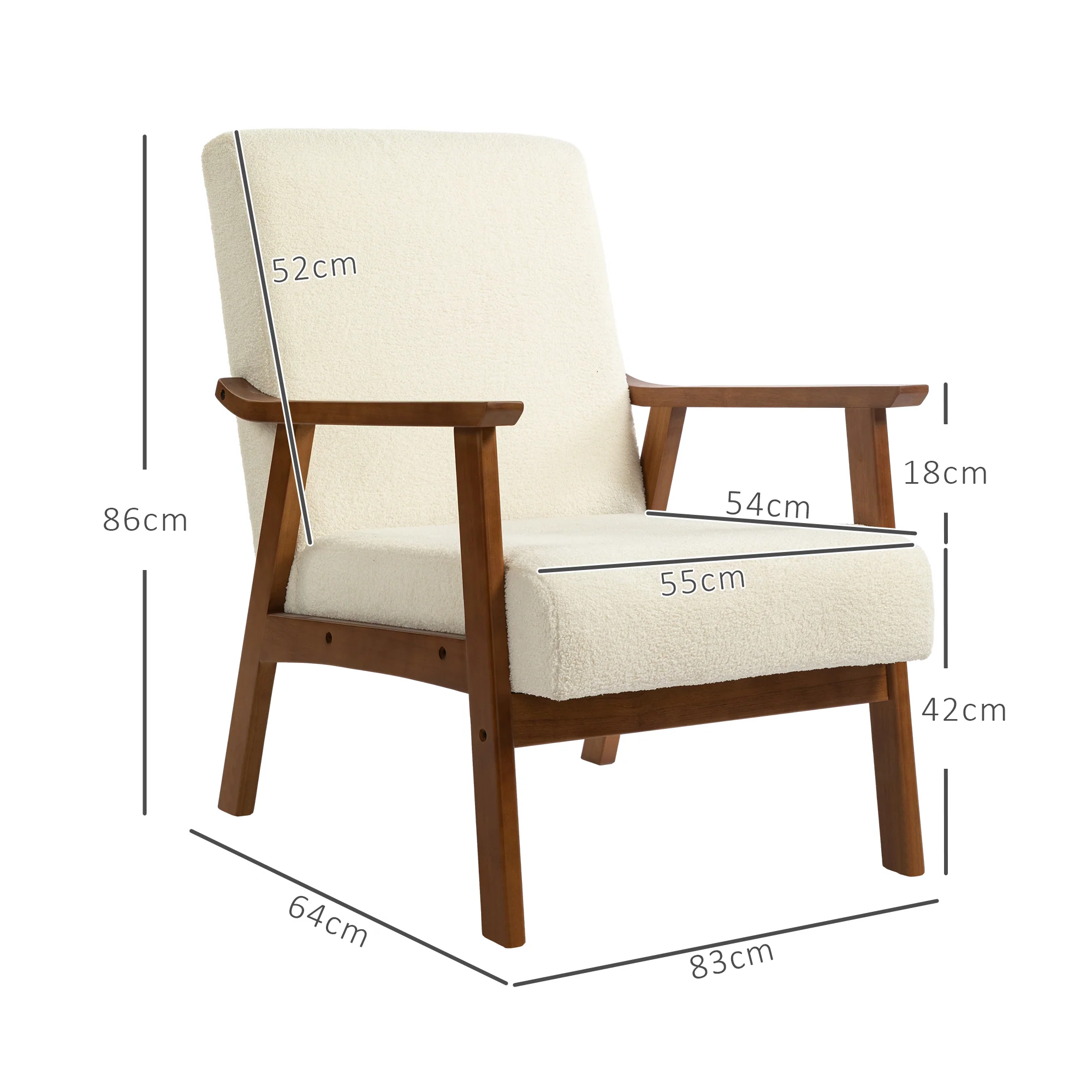 HOMCOM Boucle Accent Chair Armchair W/ Wide Seat For Living Room Bedroom - White/Grey - Image 5