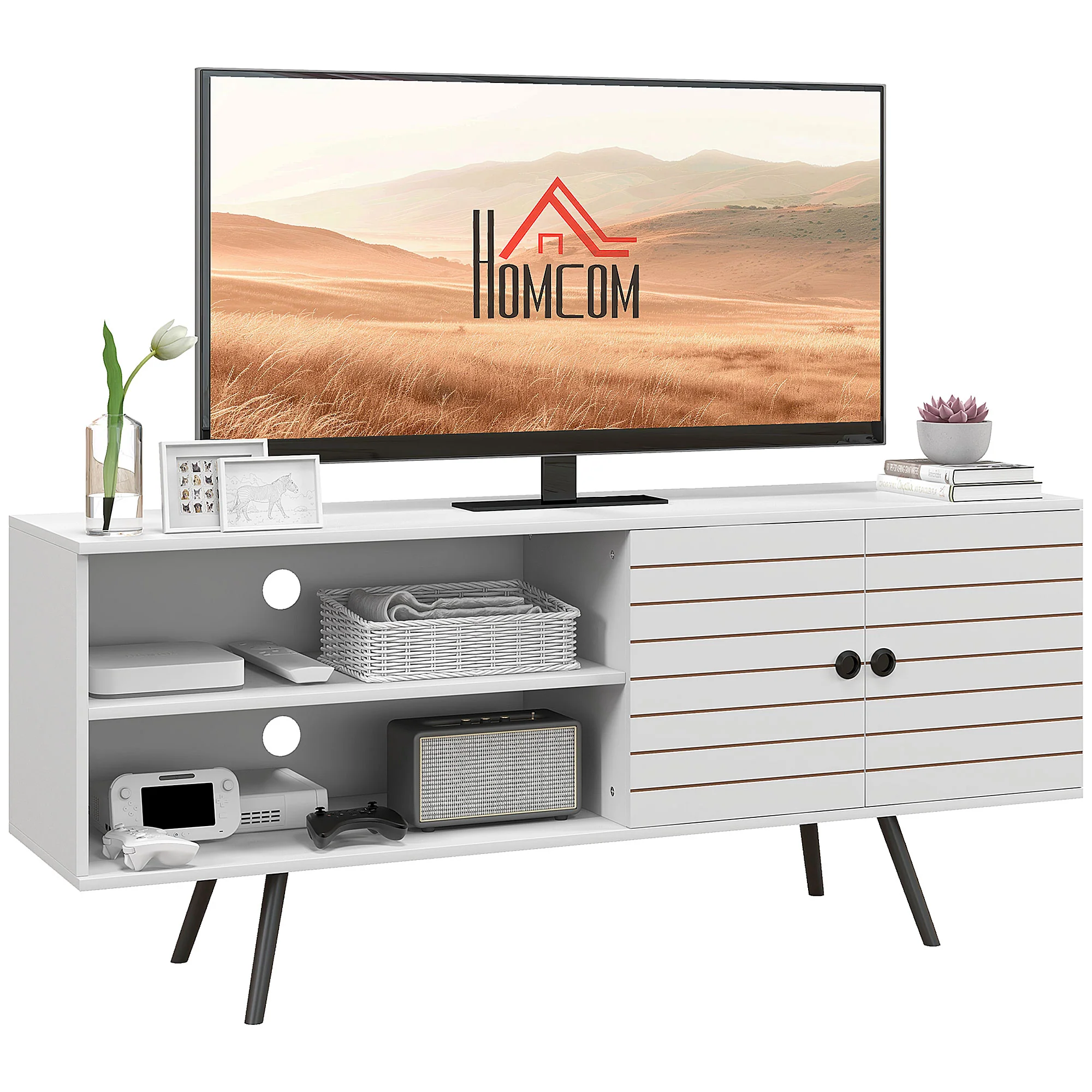 HOMCOM White TV Unit For 65 Inch TVs With 2 Open Shelves, Door And 2 Cable Holes
