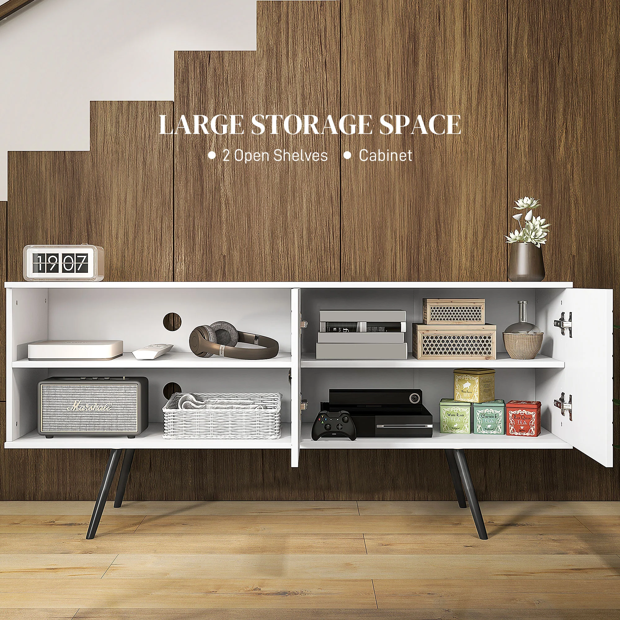 HOMCOM White TV Unit For 65 Inch TVs With 2 Open Shelves, Door And 2 Cable Holes - Image 3