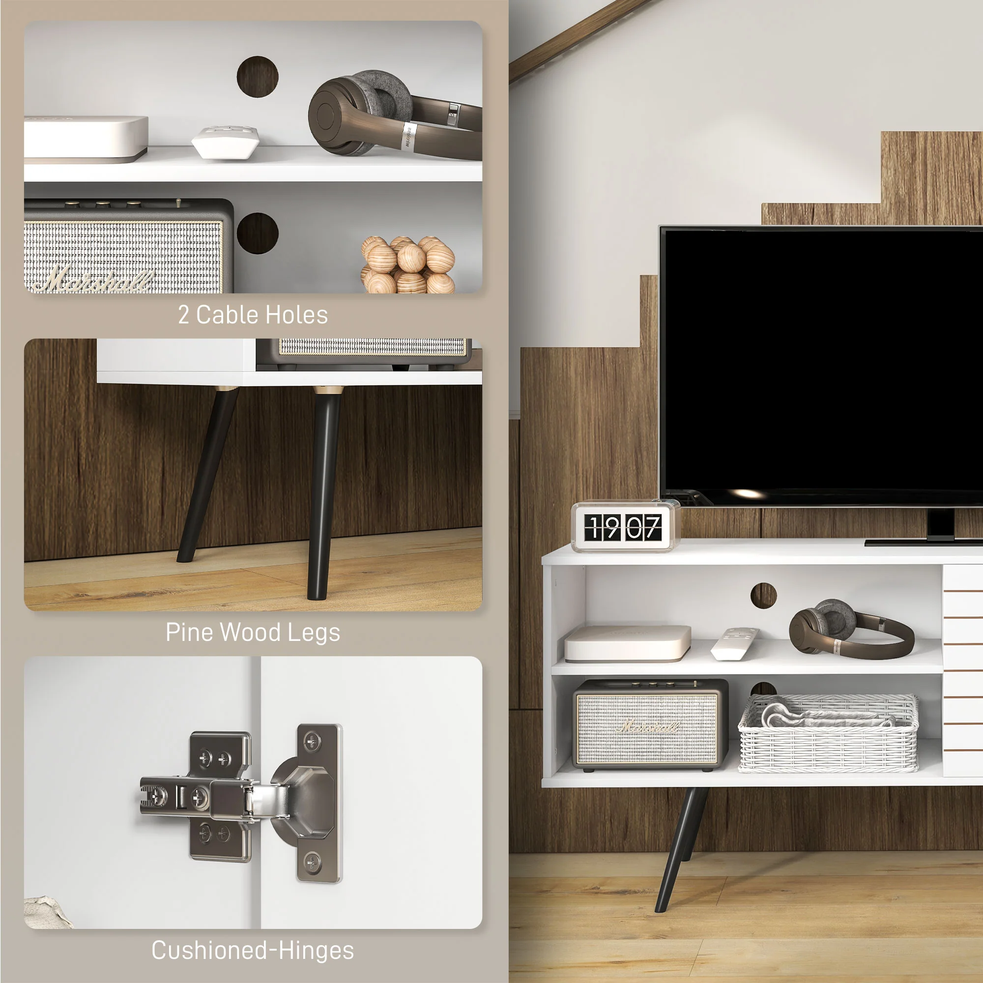 HOMCOM White TV Unit For 65 Inch TVs With 2 Open Shelves, Door And 2 Cable Holes - Image 6