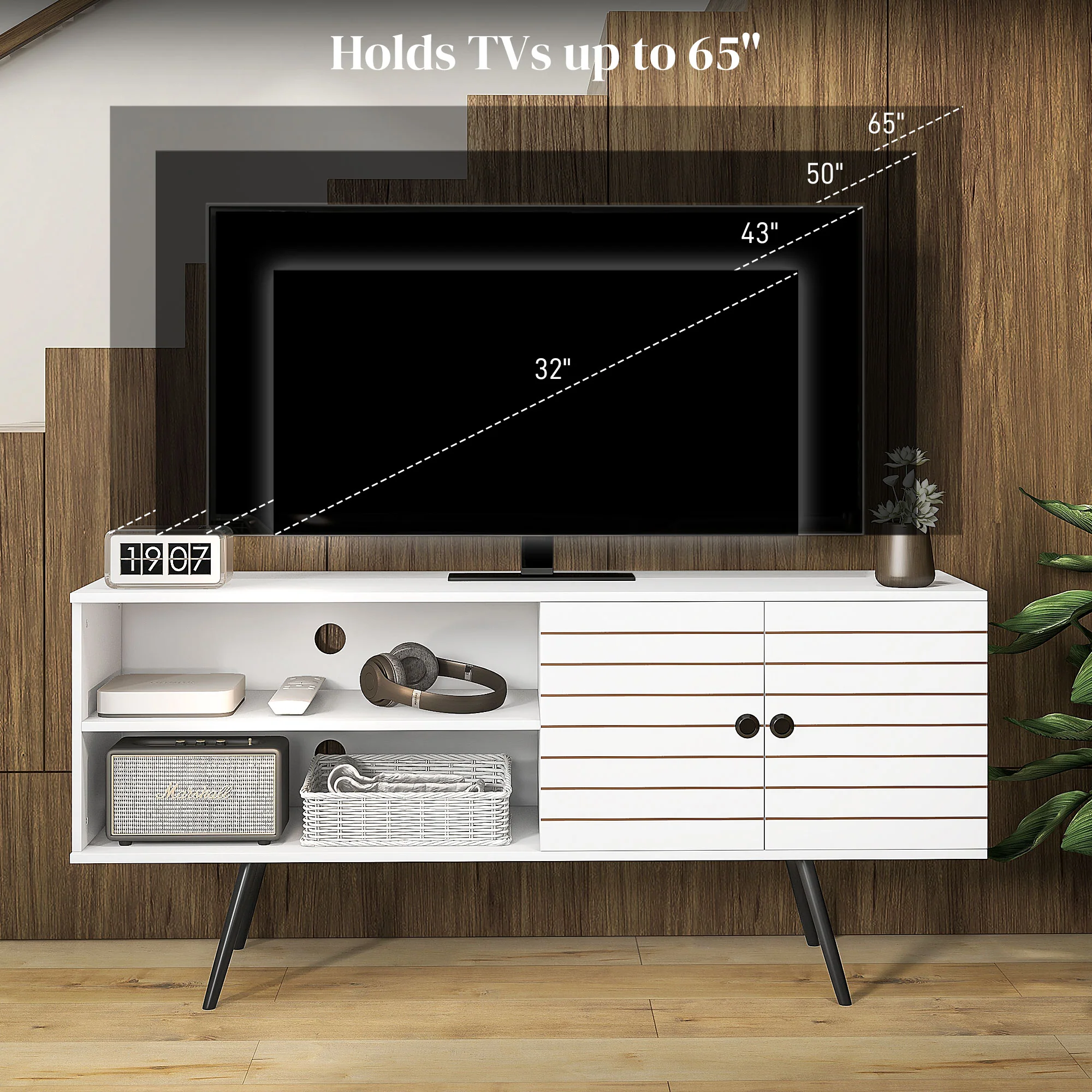HOMCOM White TV Unit For 65 Inch TVs With 2 Open Shelves, Door And 2 Cable Holes - Image 7