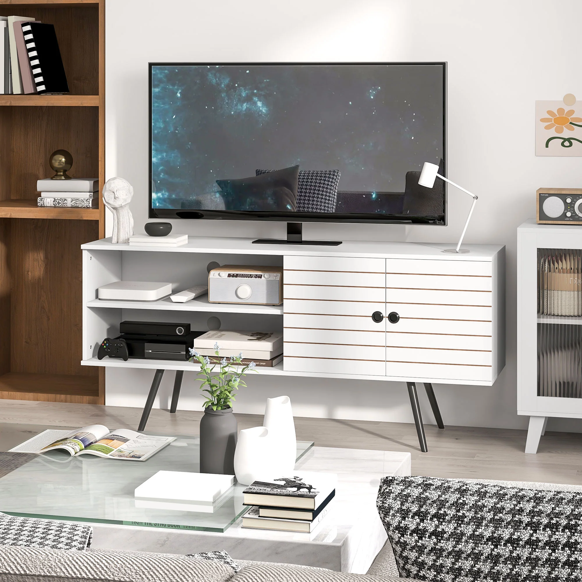 HOMCOM White TV Unit For 65 Inch TVs With 2 Open Shelves, Door And 2 Cable Holes - Image 8