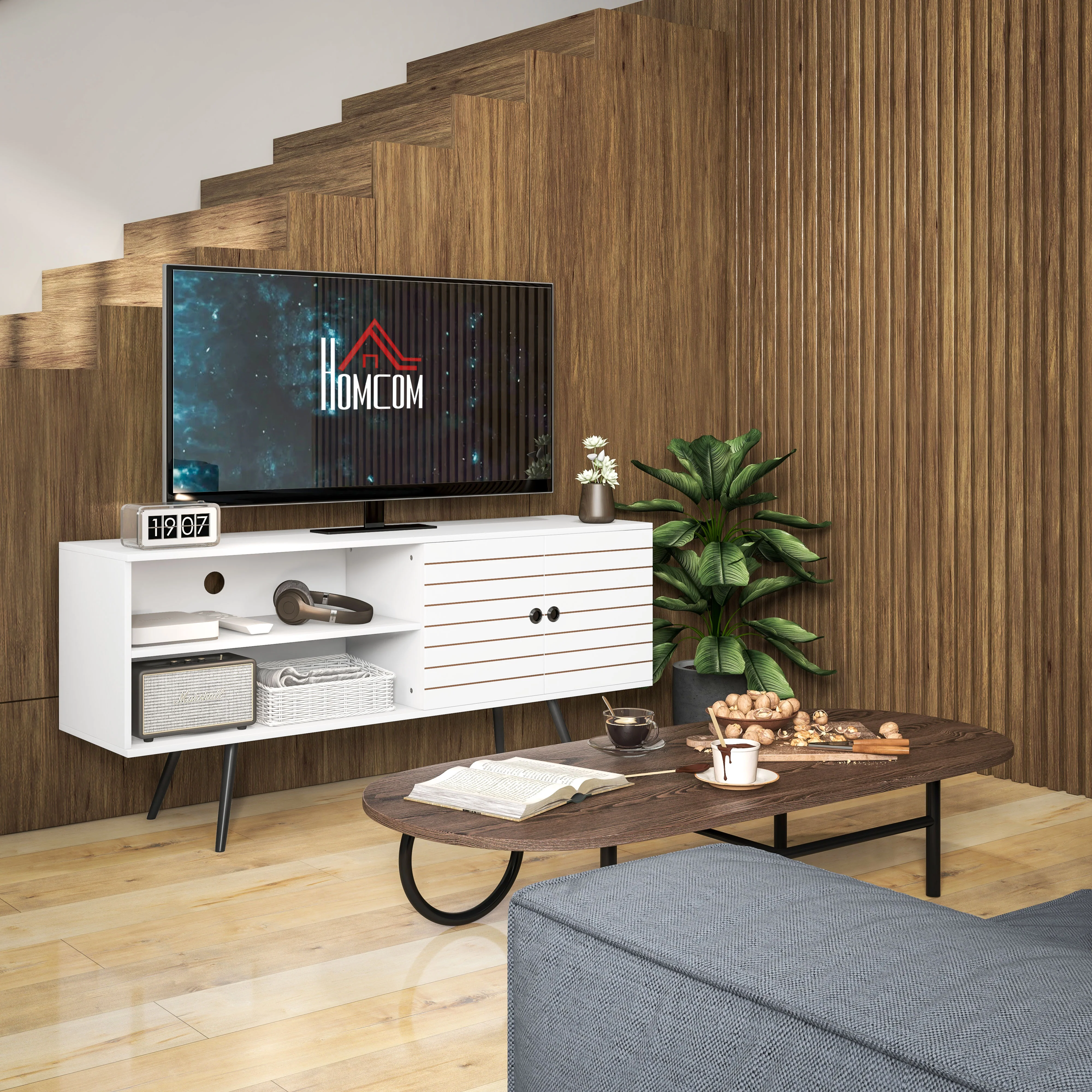 HOMCOM White TV Unit For 65 Inch TVs With 2 Open Shelves, Door And 2 Cable Holes - Image 9