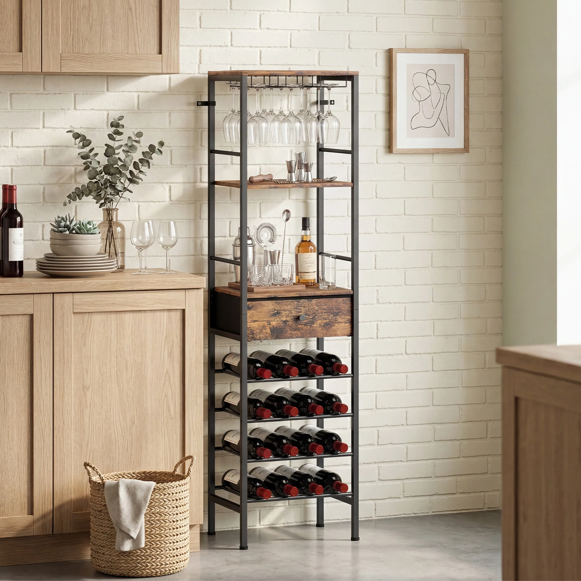 HOMCOM Wine Bar Cabinet 16-Bottle Wine Rack Rustic Brown - Image 2