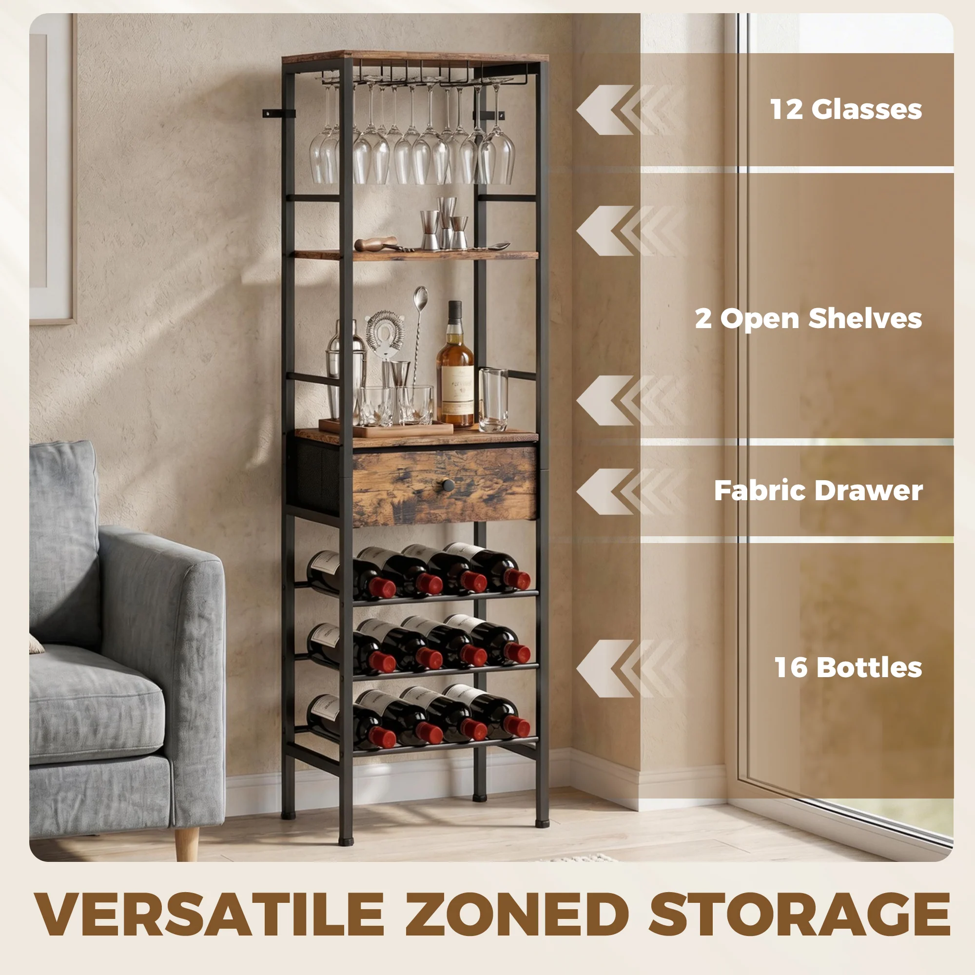 HOMCOM Wine Bar Cabinet 16-Bottle Wine Rack Rustic Brown - Image 3