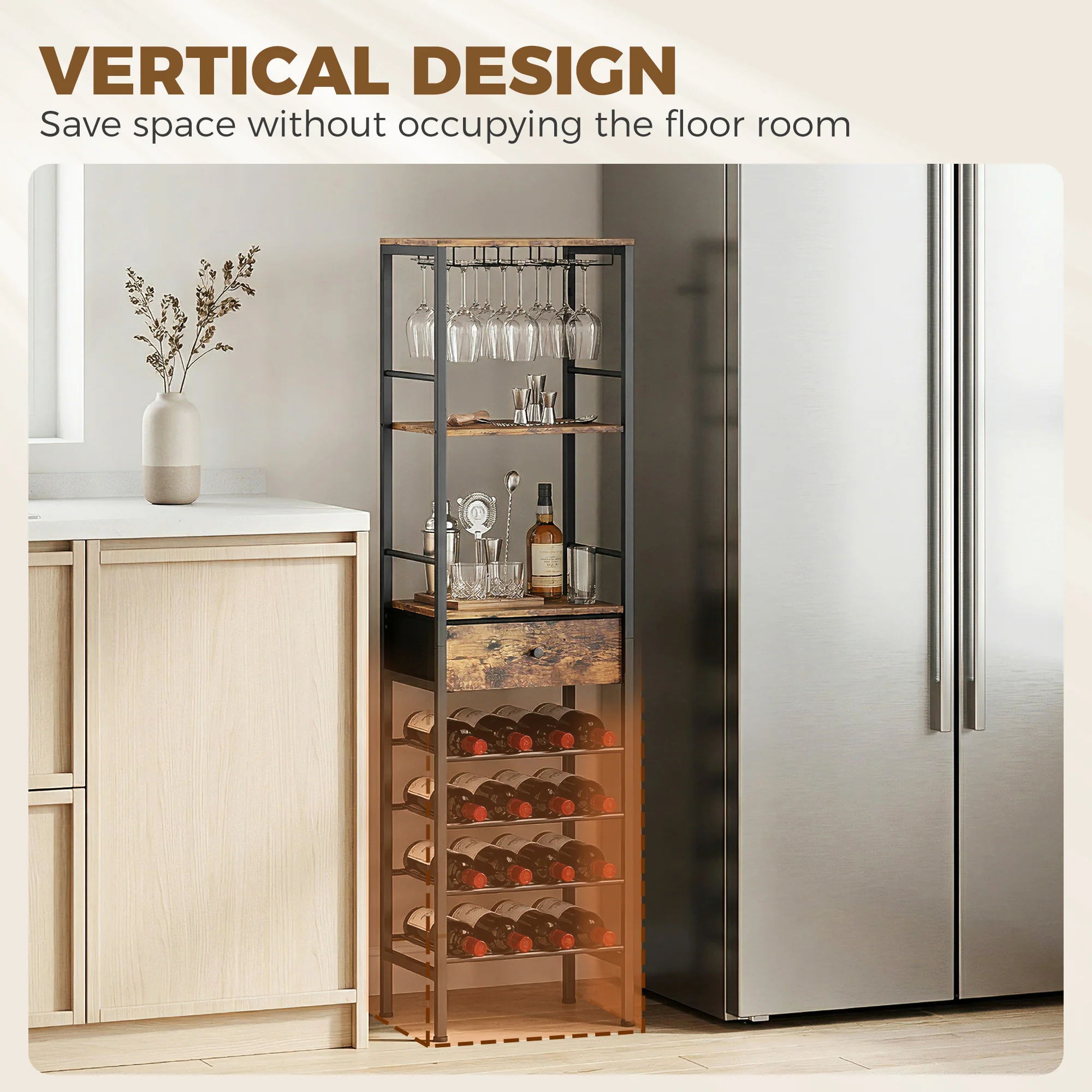 HOMCOM Wine Bar Cabinet 16-Bottle Wine Rack Rustic Brown - Image 4