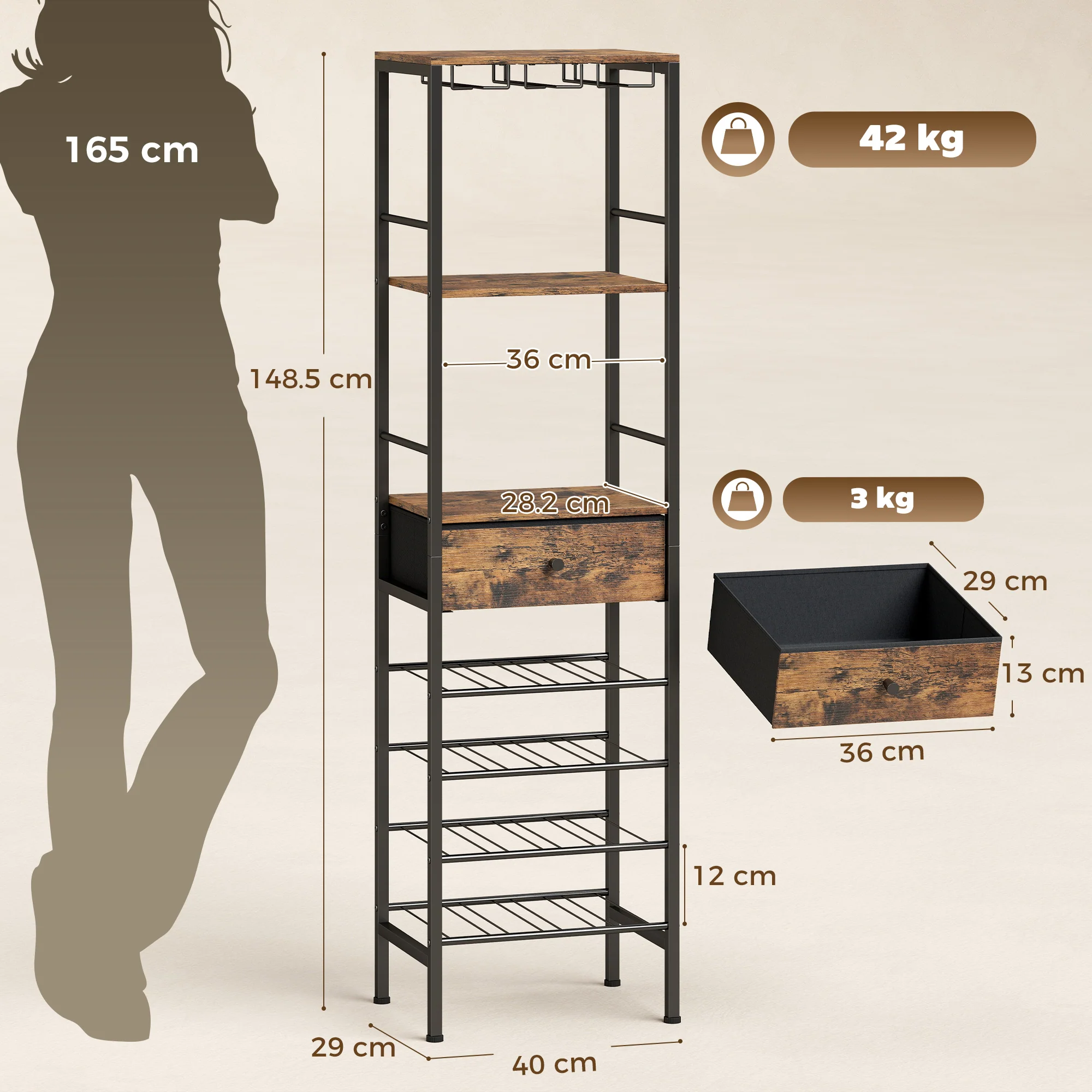 HOMCOM Wine Bar Cabinet 16-Bottle Wine Rack Rustic Brown - Image 5