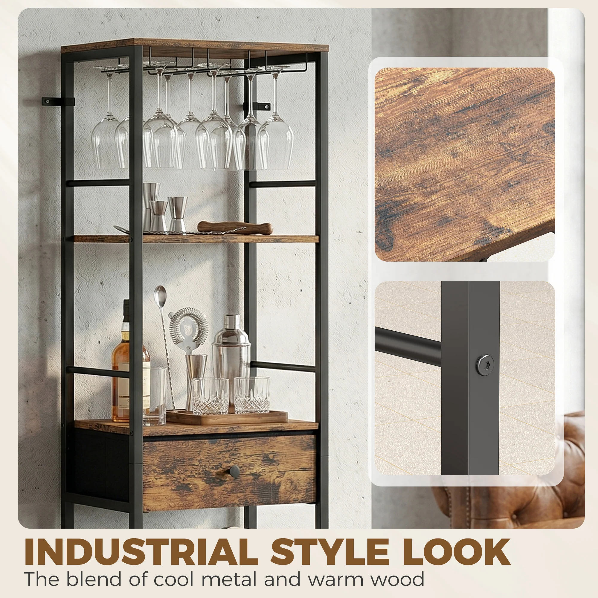 HOMCOM Wine Bar Cabinet 16-Bottle Wine Rack Rustic Brown - Image 6