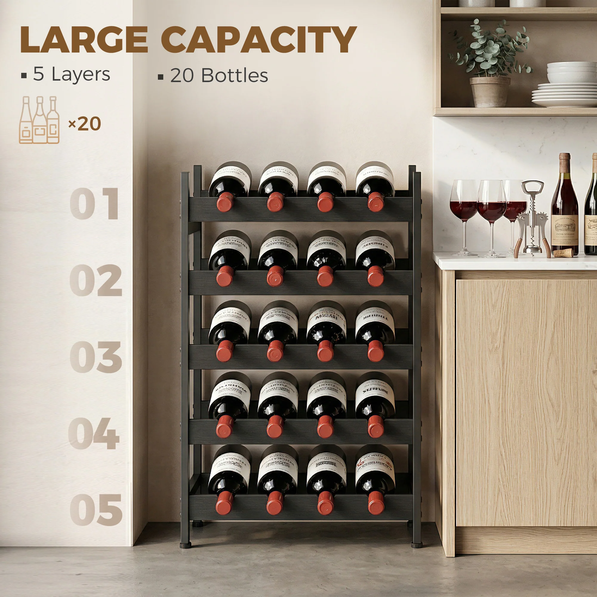 HOMCOM Wine Rack Freestanding 5-Tier 20-Bottle Capacity Black - Image 3