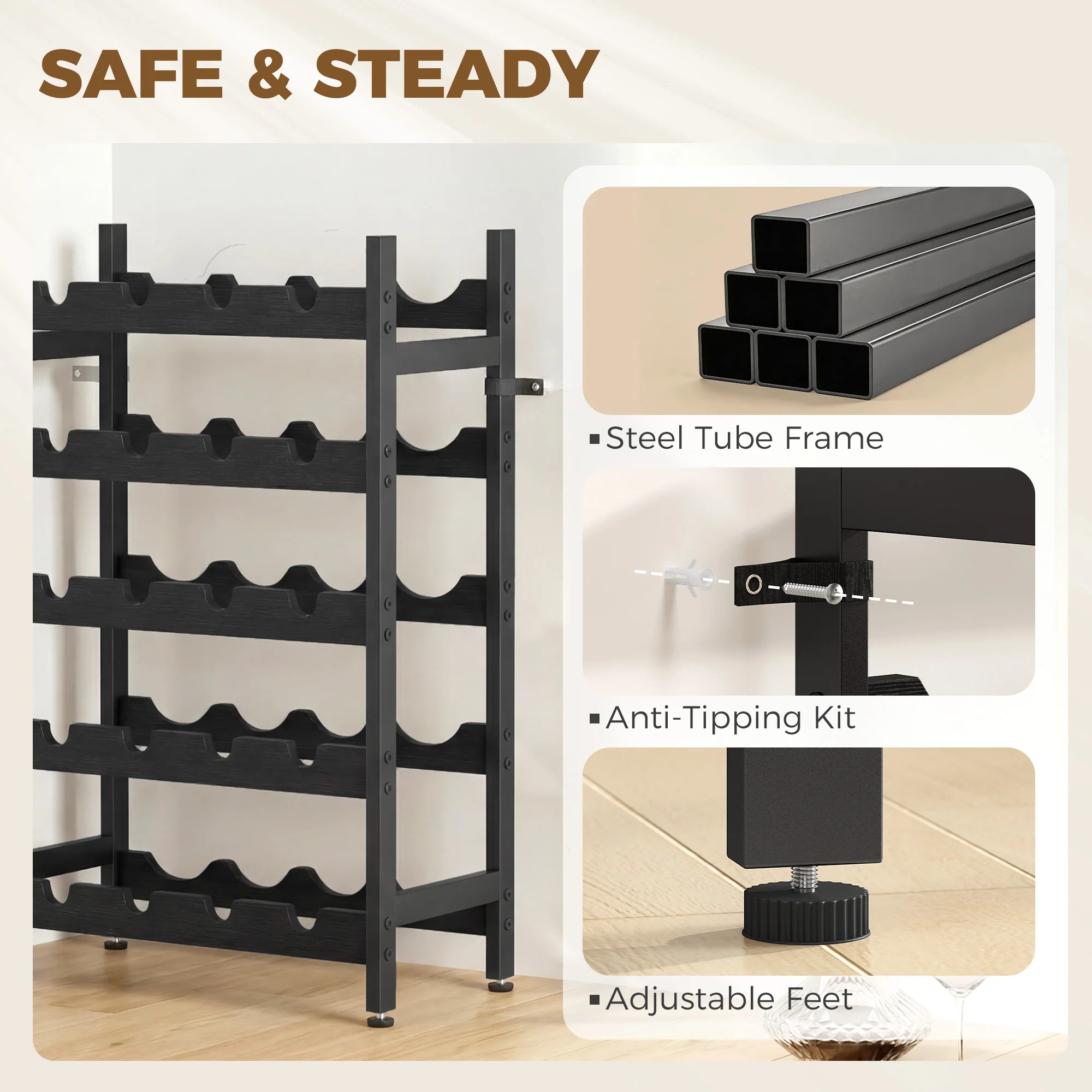 HOMCOM Wine Rack Freestanding 5-Tier 20-Bottle Capacity Black - Image 7