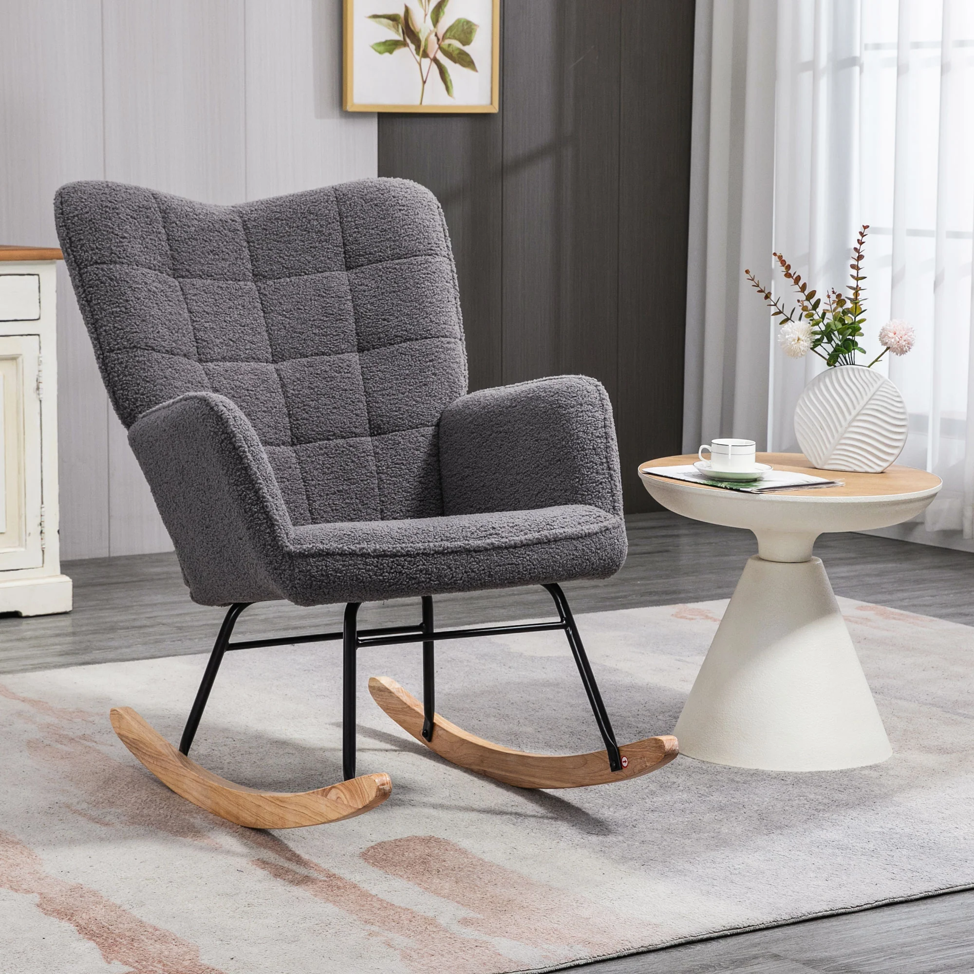 HOMCOM Wingback Rocking Chair For Nursing W/ Steel Frame And Wooden Base Grey - Image 2