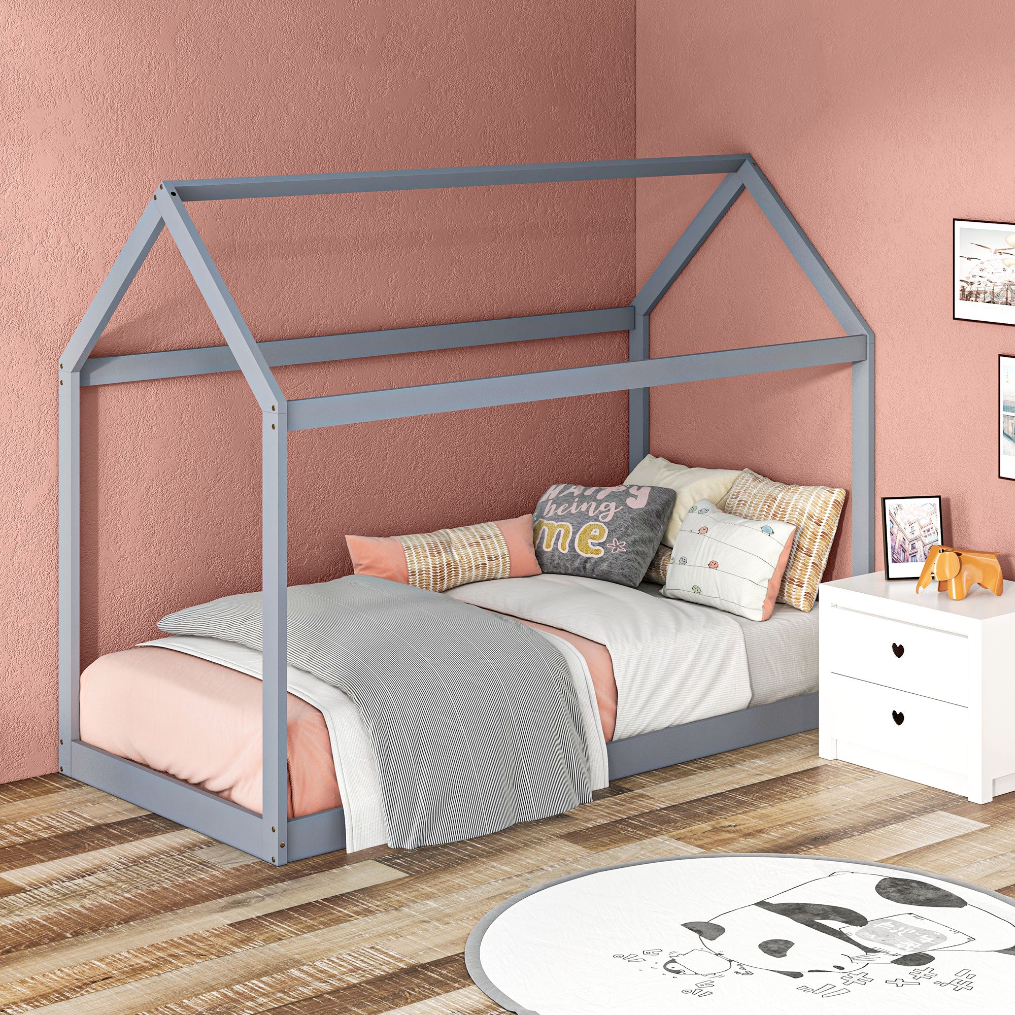 HOMCOM Wooden Single Bed Frame With Tree House Style, White And Grey - Image 11