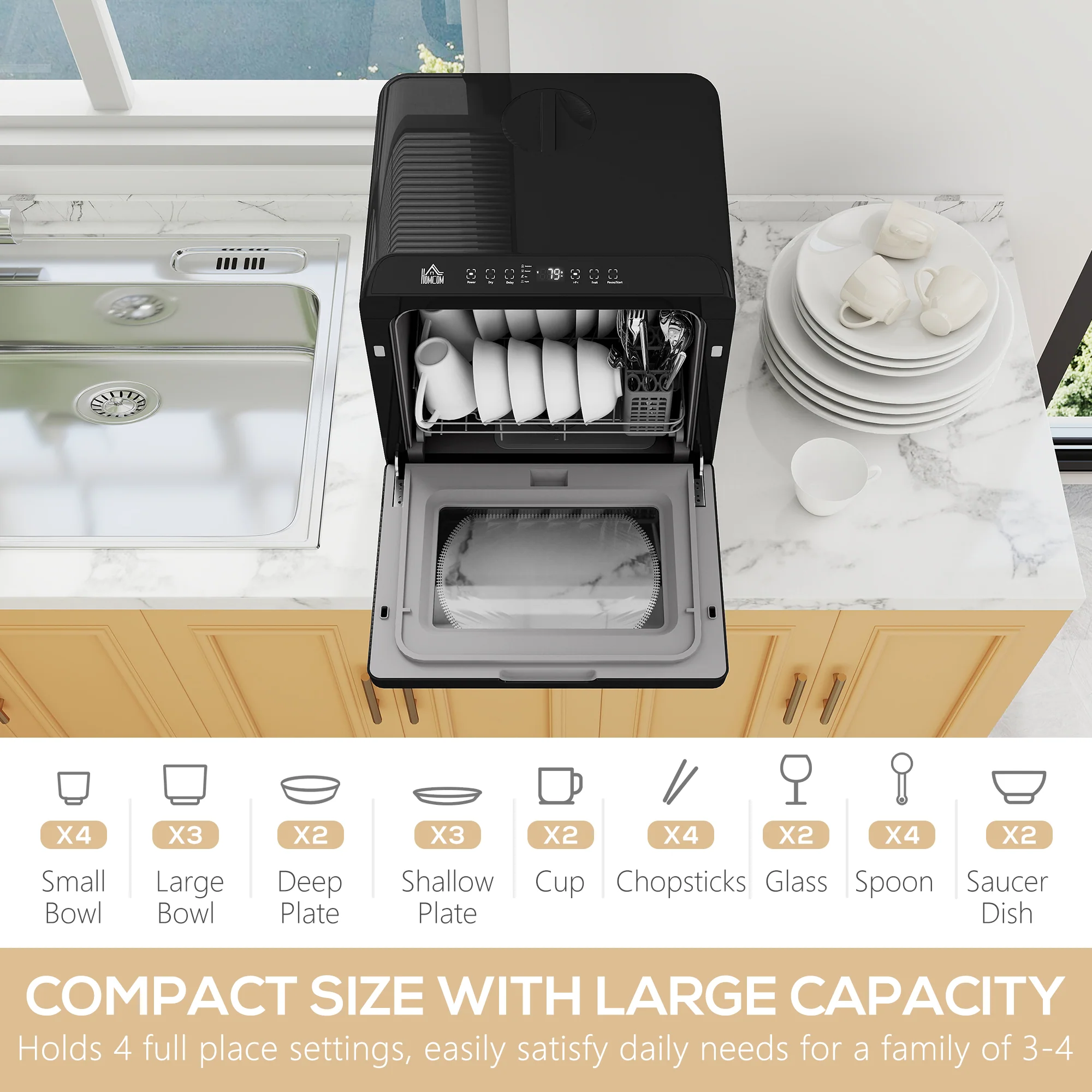 HOMCOM Worktop Dishwasher W/ 4 Place Settings 6 Programs, Black - Image 3