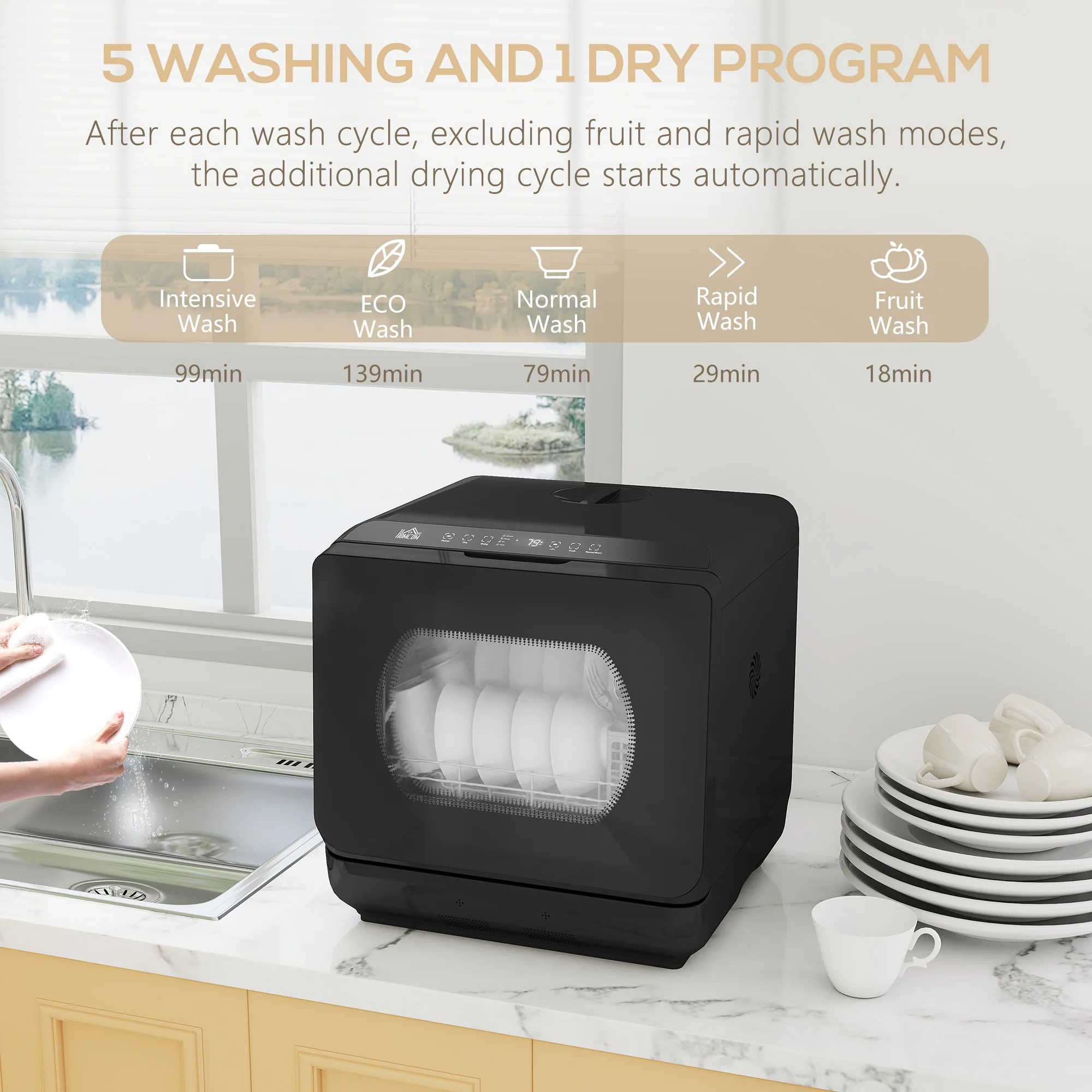 HOMCOM Worktop Dishwasher W/ 4 Place Settings 6 Programs, Black - Image 4