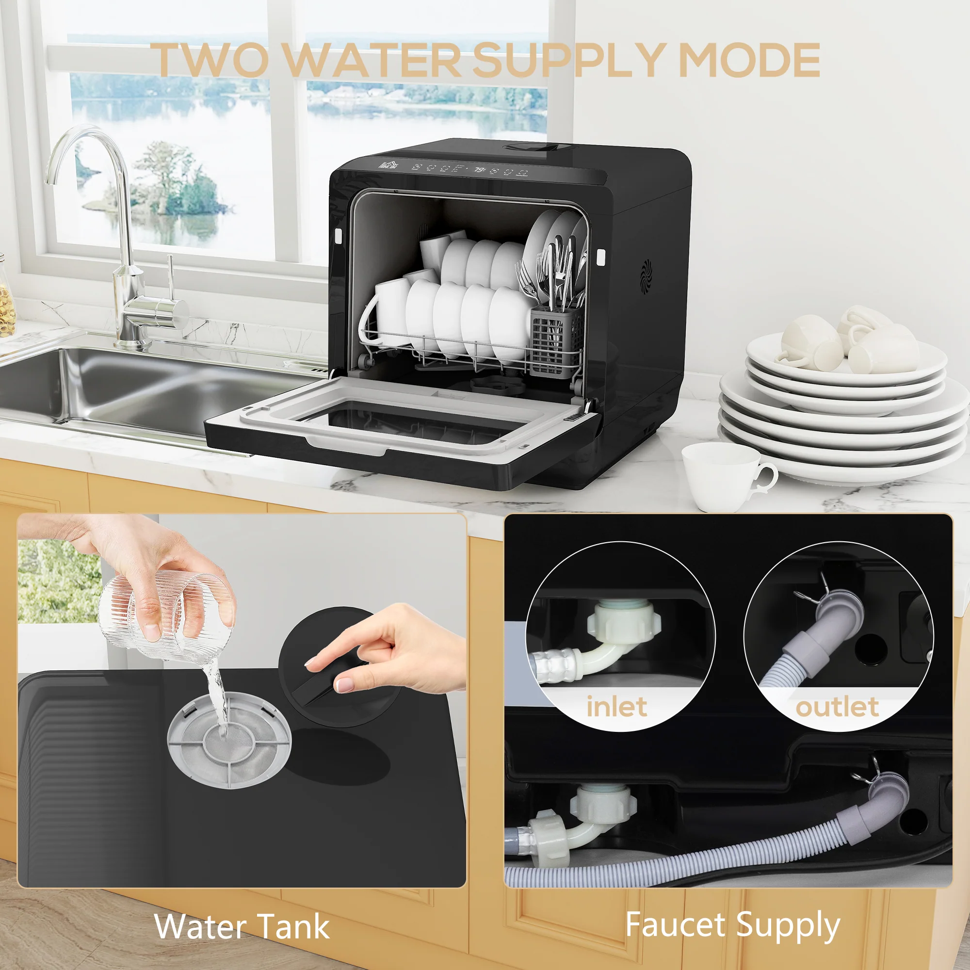 HOMCOM Worktop Dishwasher W/ 4 Place Settings 6 Programs, Black - Image 6