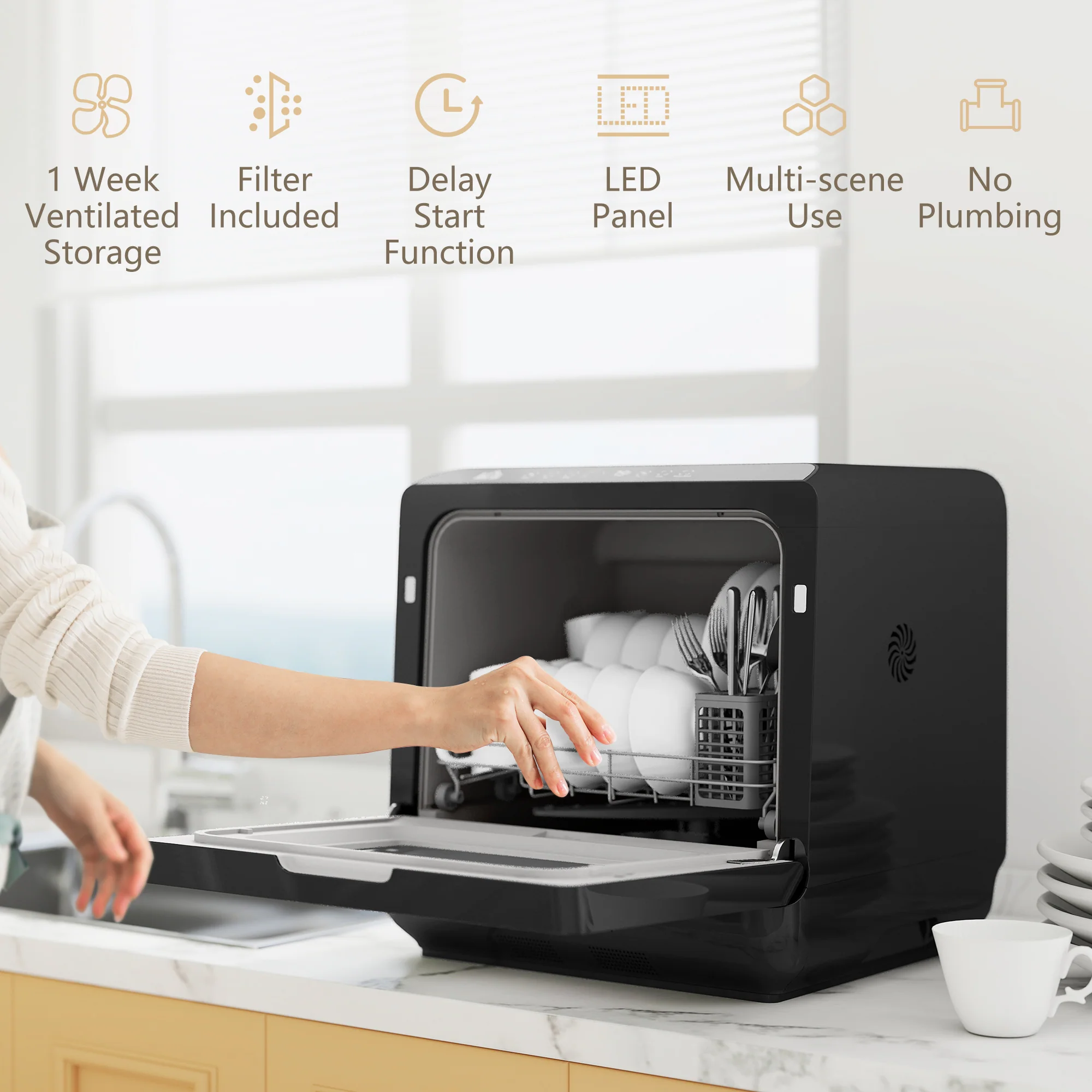 HOMCOM Worktop Dishwasher W/ 4 Place Settings 6 Programs, Black - Image 8