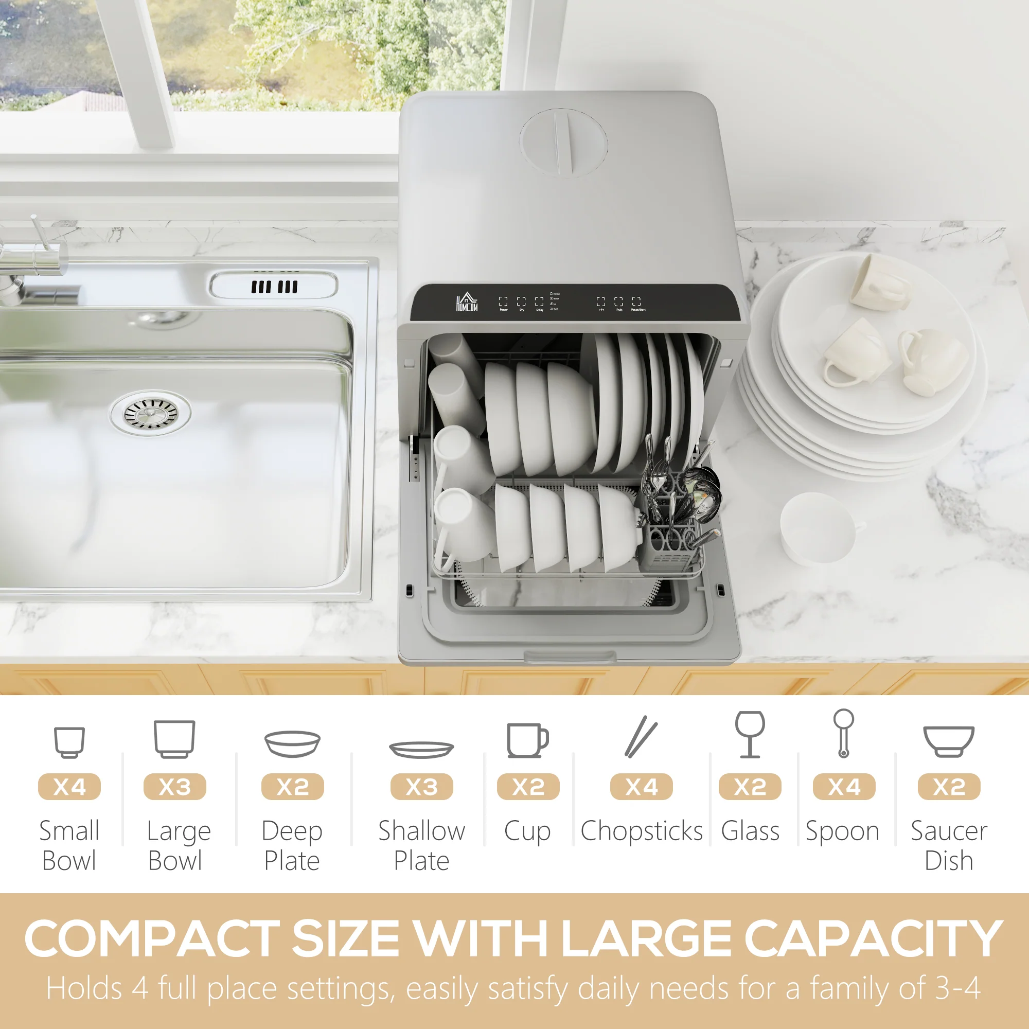 HOMCOM Worktop Dishwasher W/ 4 Place Settings 6 Programs, Silver Tone - Image 3