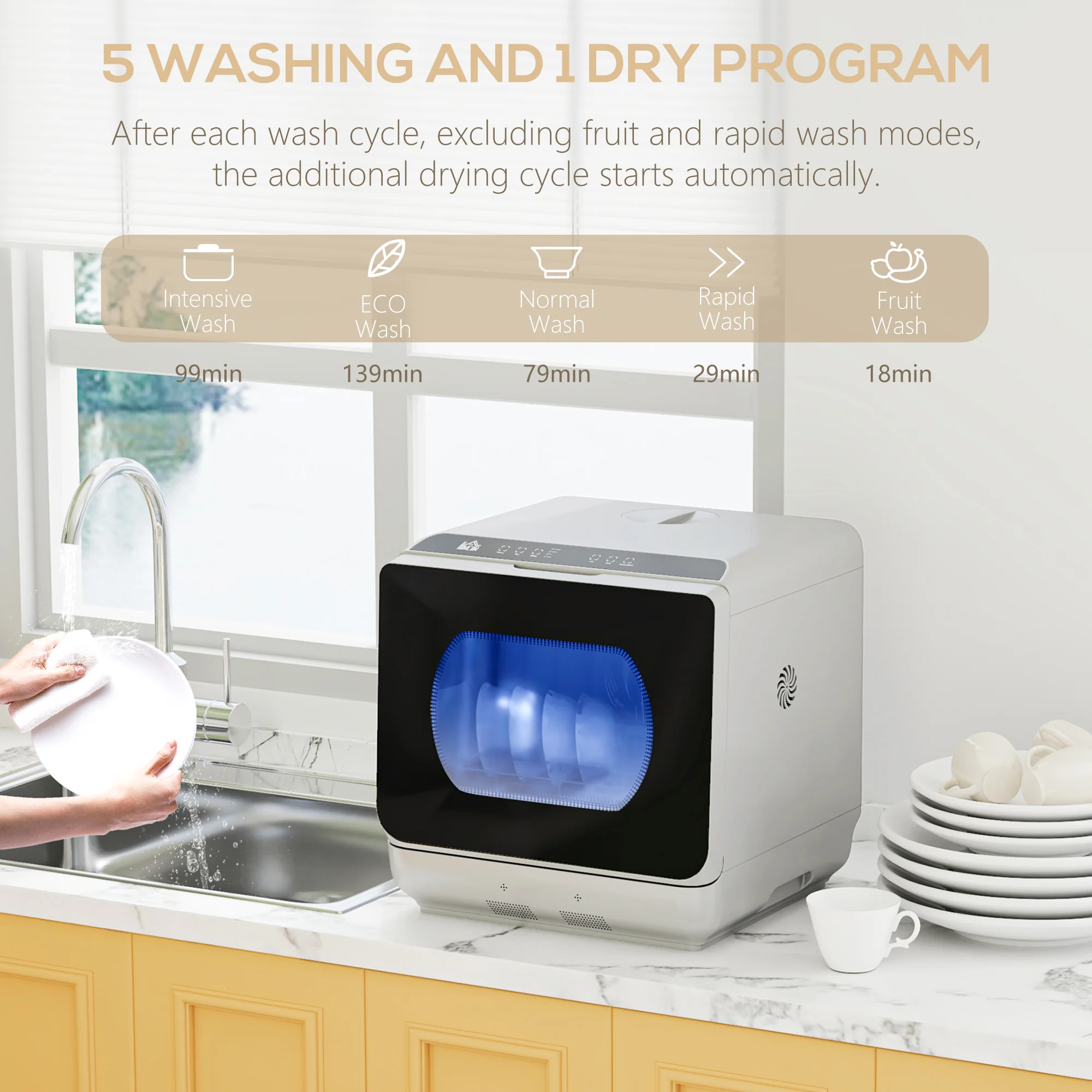 HOMCOM Worktop Dishwasher W/ 4 Place Settings 6 Programs, Silver Tone - Image 4