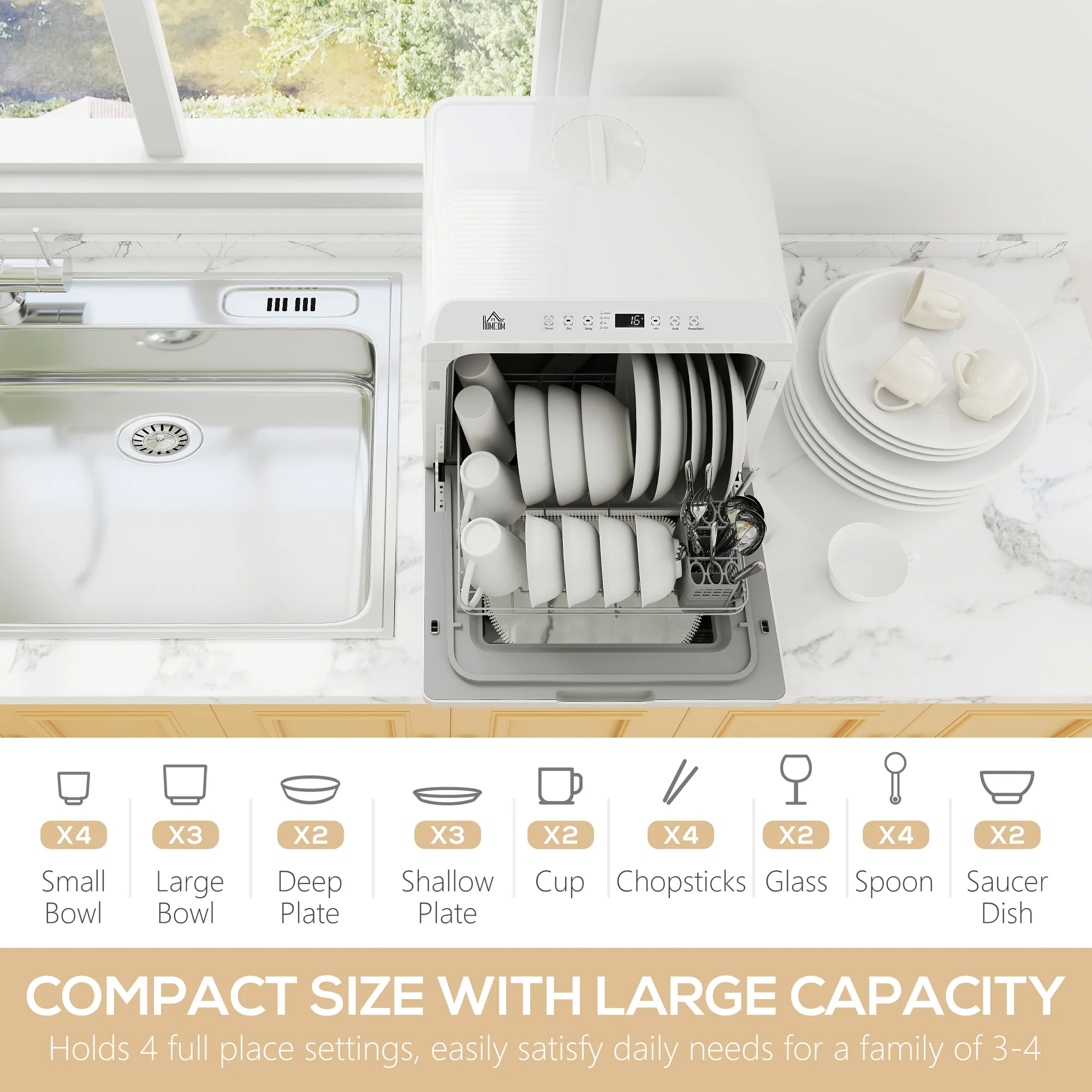 HOMCOM Worktop Dishwasher W/ 4 Place Settings 6 Programs, White - Image 3