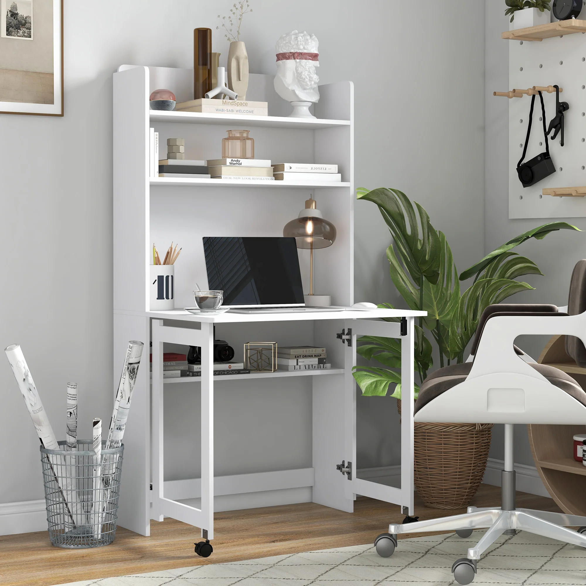 HOMCOM Writing Desk With Foldable Desktop For Bedroom, Home Office, White - Image 2