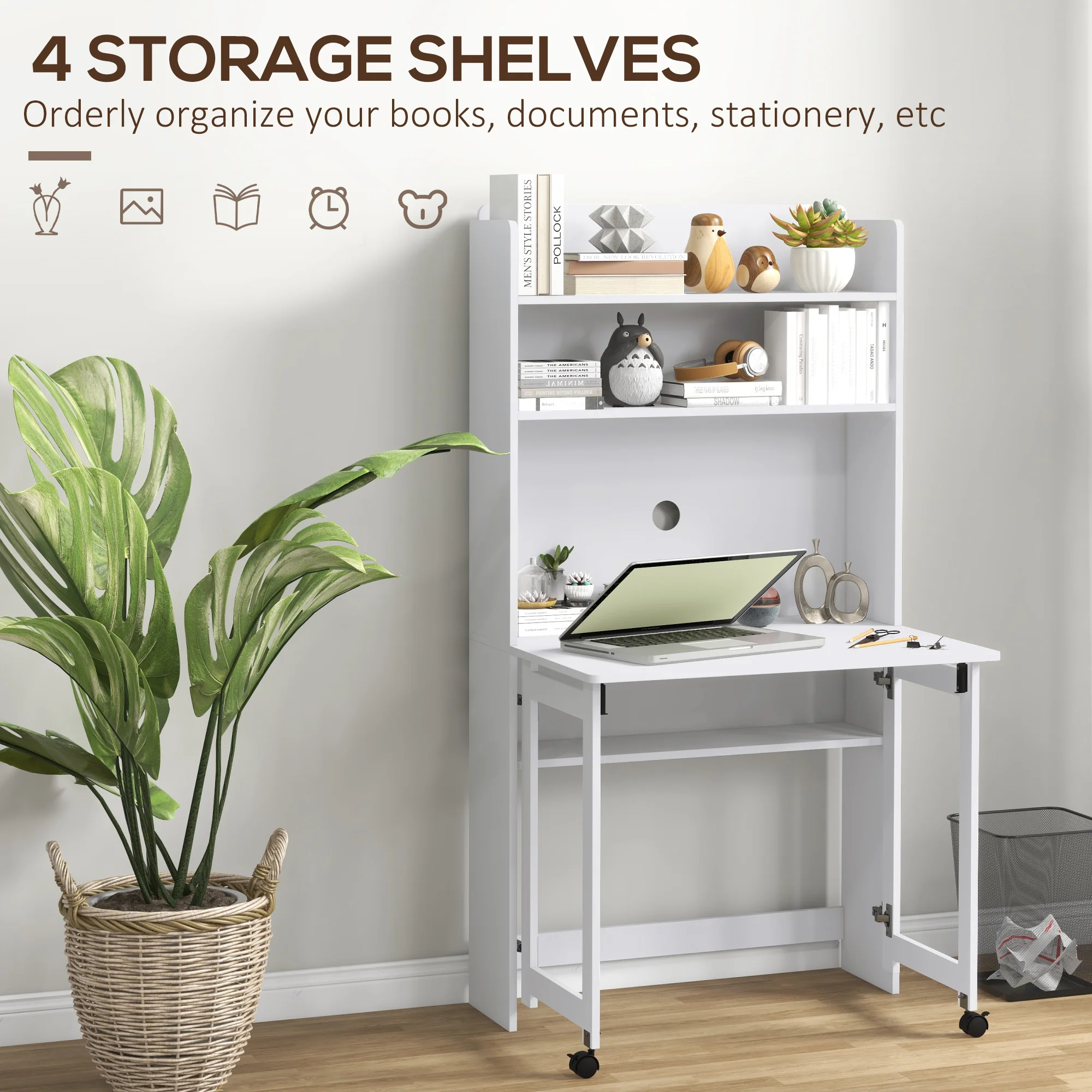 HOMCOM Writing Desk With Foldable Desktop For Bedroom, Home Office, White - Image 4