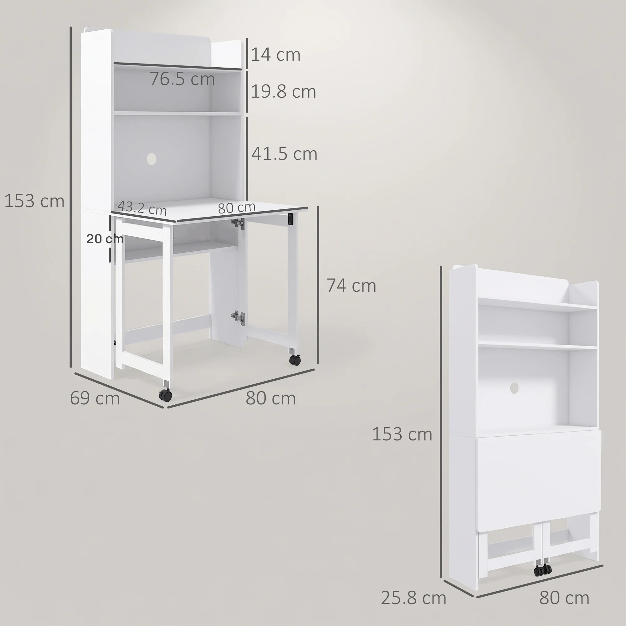 HOMCOM Writing Desk With Foldable Desktop For Bedroom, Home Office, White - Image 5