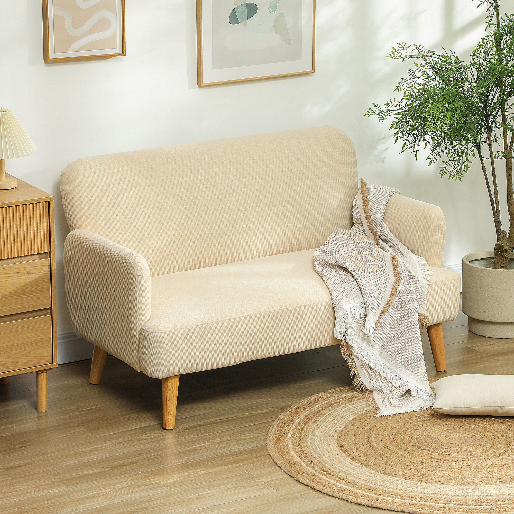 HOMCOM 2 Seater Sofa With 21cm Thick Padding And Wood Legs - Cream/Grey/Yellow - Image 11