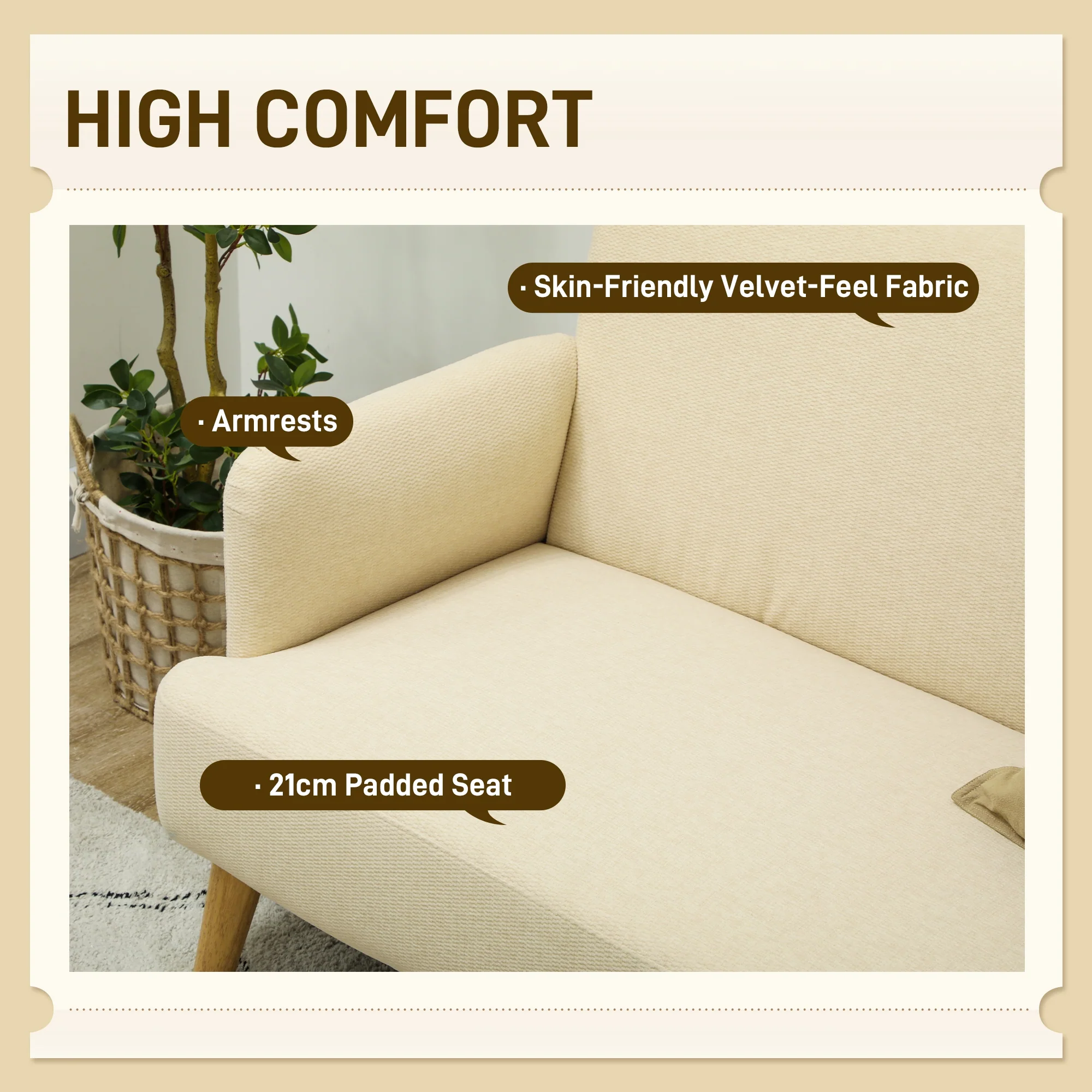 HOMCOM 2 Seater Sofa With 21cm Thick Padding And Wood Legs - Cream/Grey/Yellow - Image 12