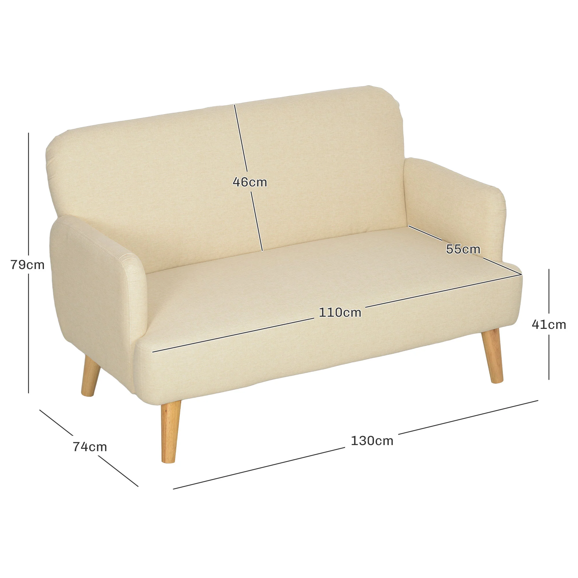 HOMCOM 2 Seater Sofa With 21cm Thick Padding And Wood Legs - Cream/Grey/Yellow - Image 14