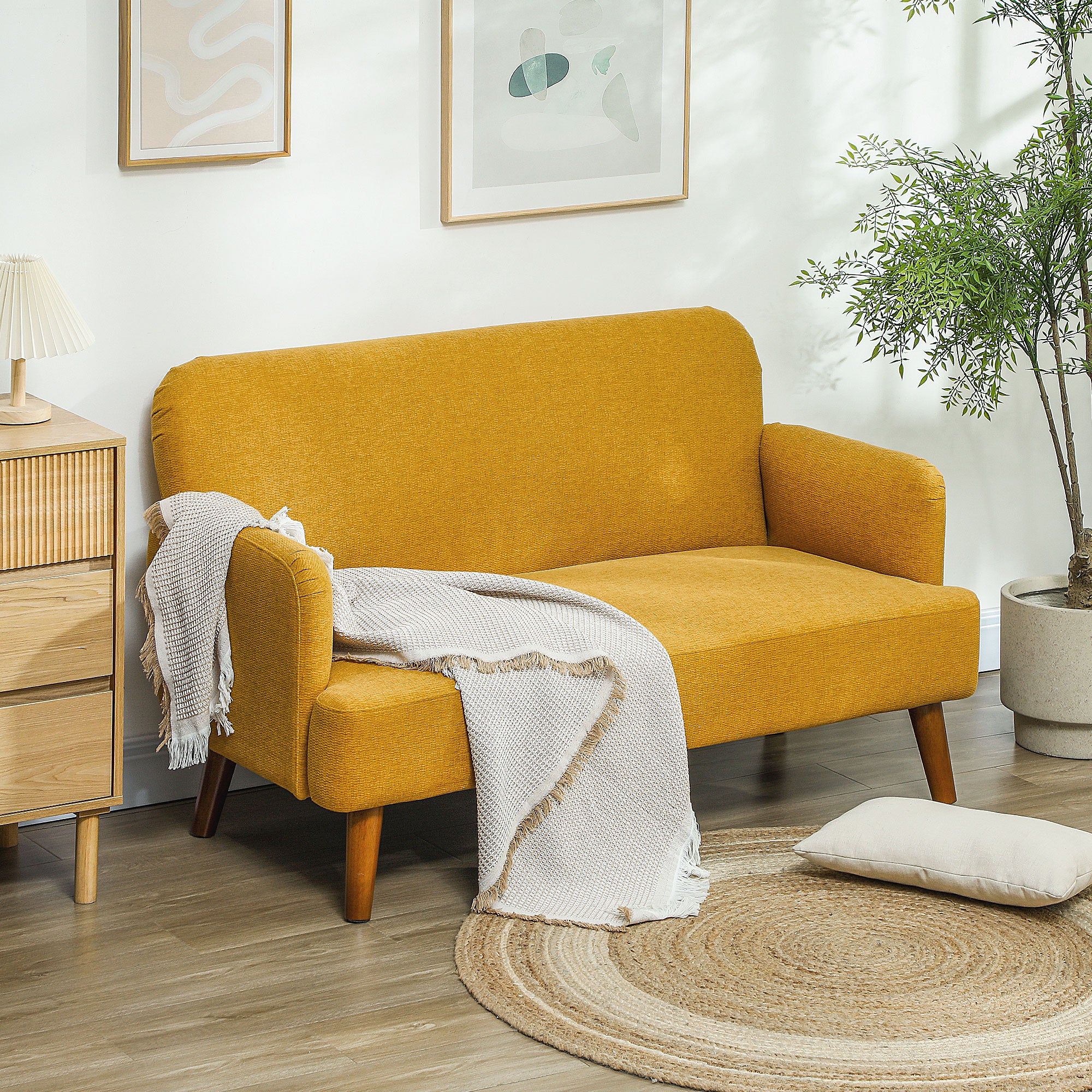 HOMCOM 2 Seater Sofa With 21cm Thick Padding And Wood Legs - Cream/Grey/Yellow - Image 2