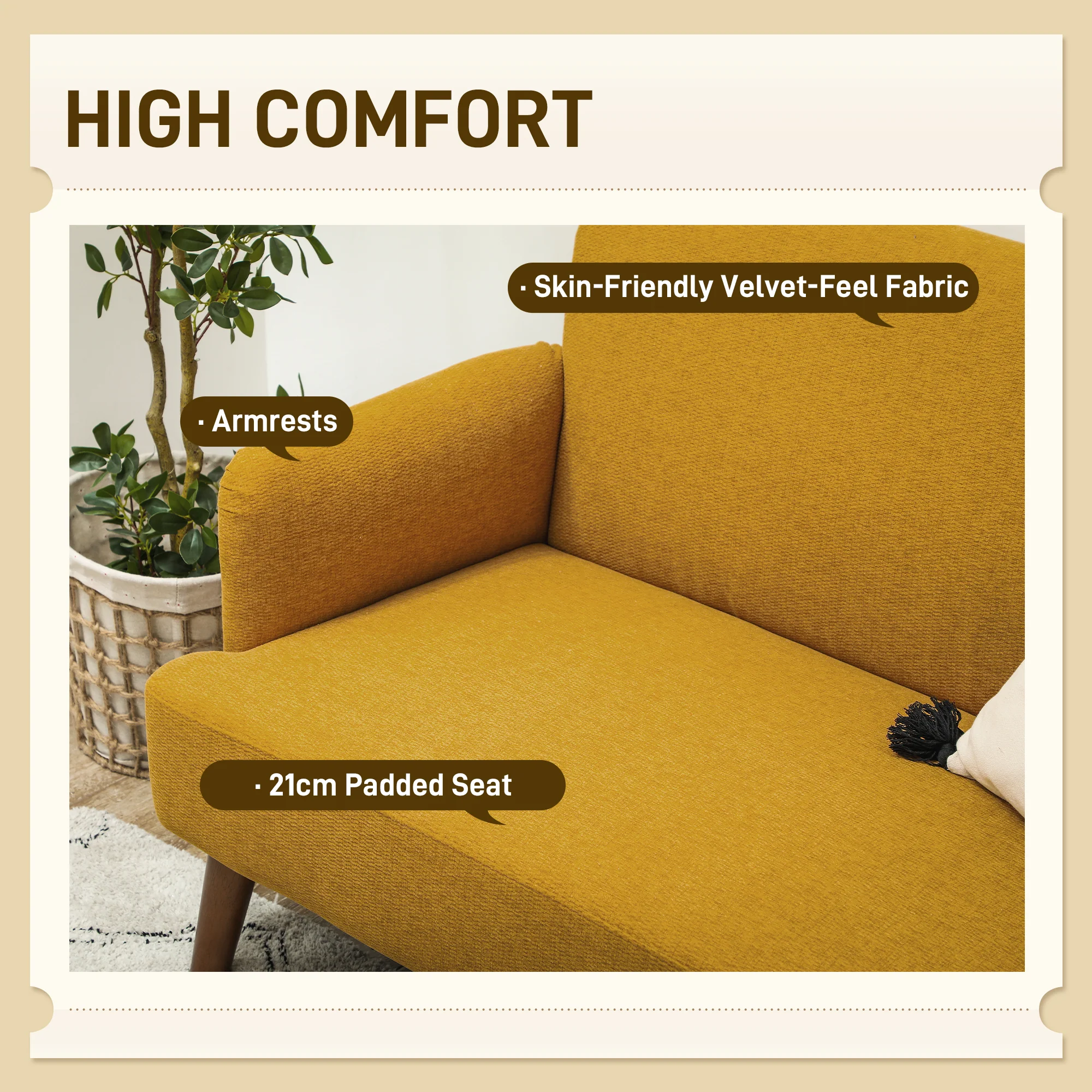 HOMCOM 2 Seater Sofa With 21cm Thick Padding And Wood Legs - Cream/Grey/Yellow - Image 3