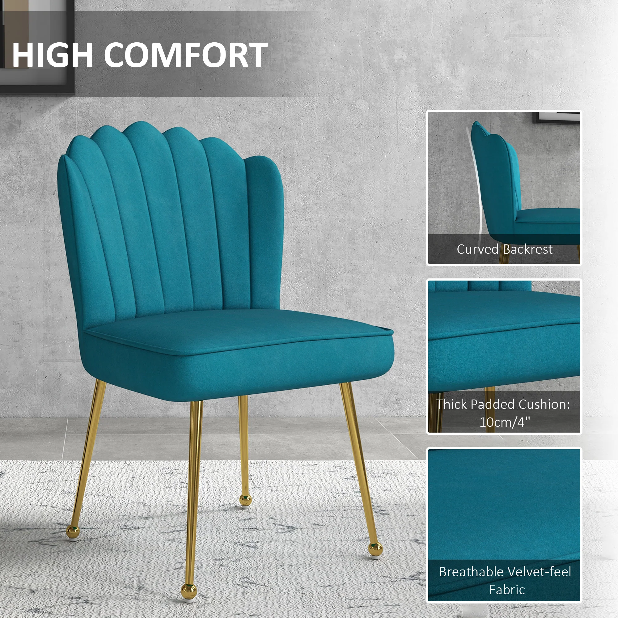 HOMCOM Velvet-Feel Shell Accent Chair Home Bedroom Lounge Metal Legs - Image 12