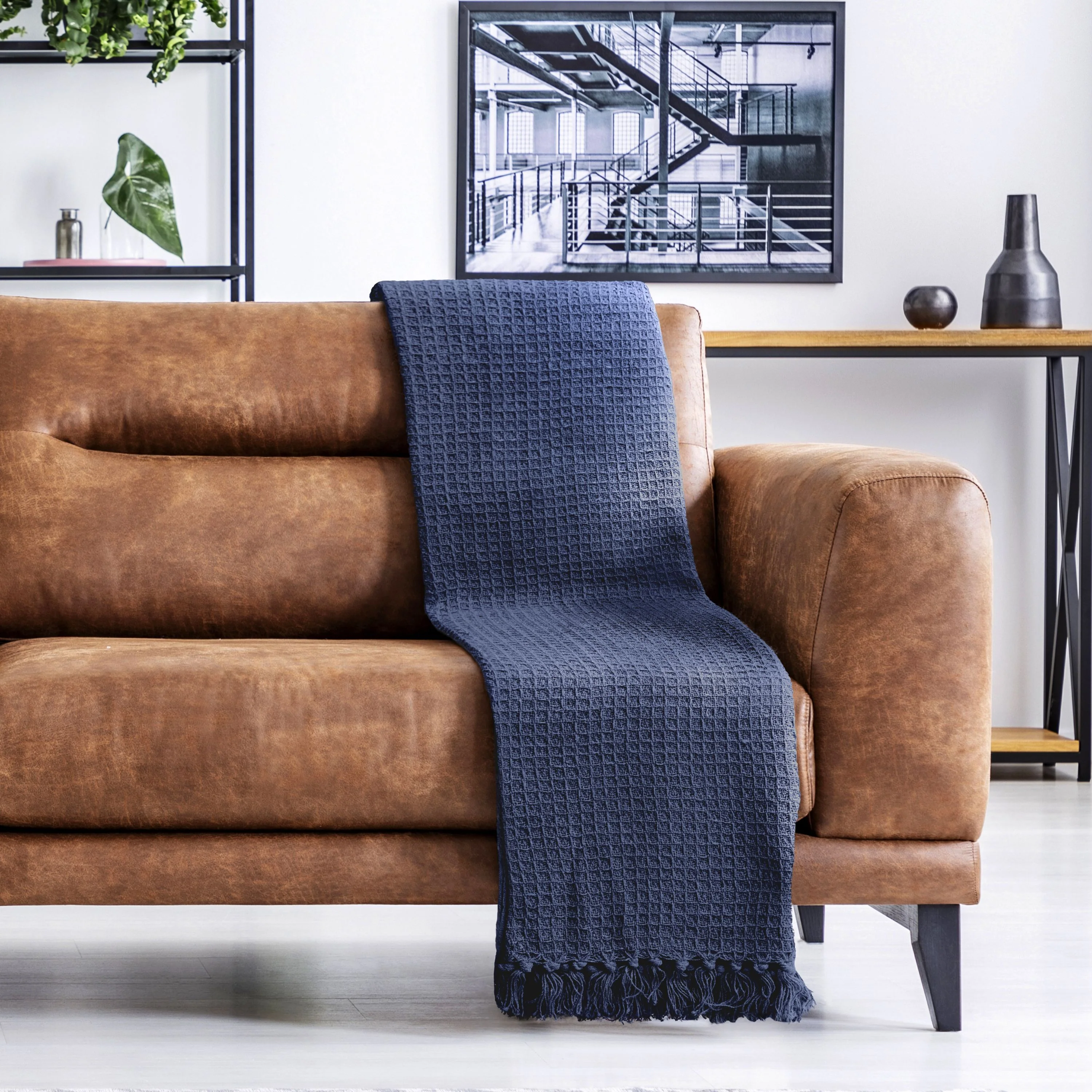 Honeycomb - Recycled Cotton Throw In Navy (90x100") - Image 5