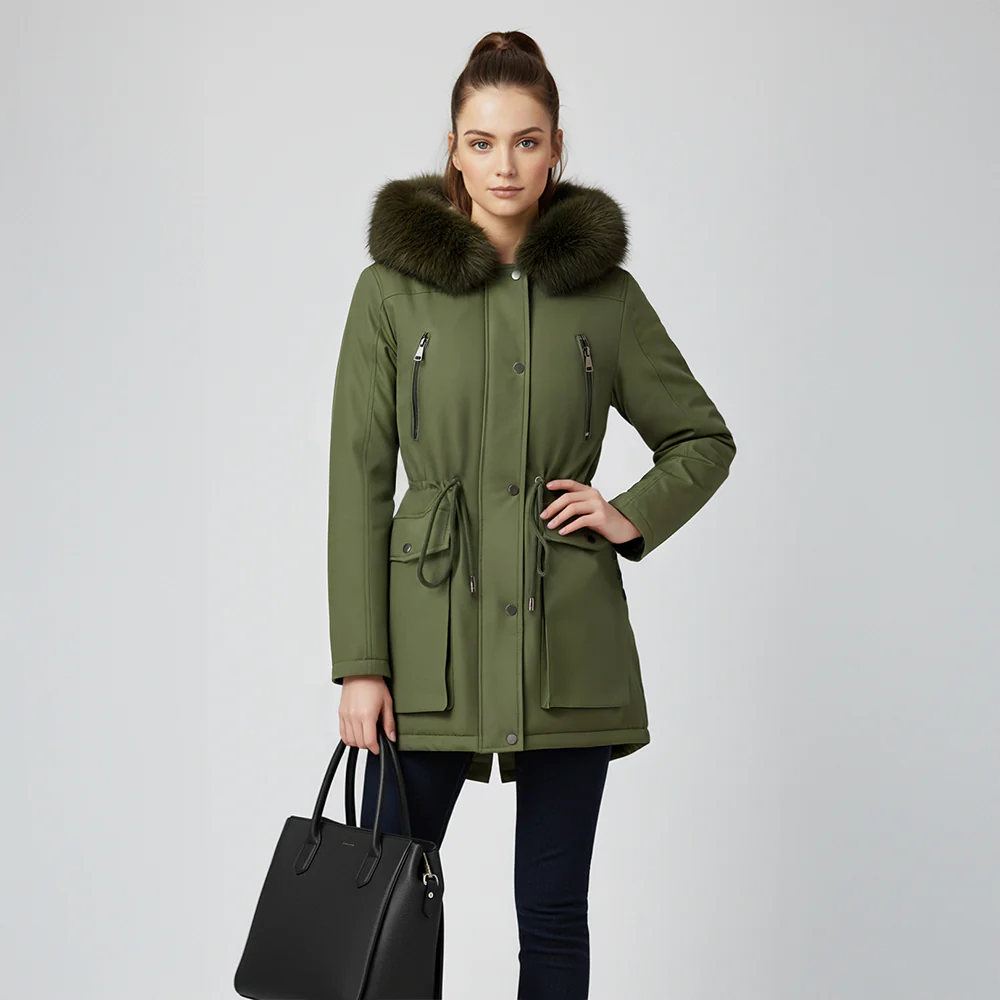 Hooded Mid-length Coat With Detachable Faux Fur Trim