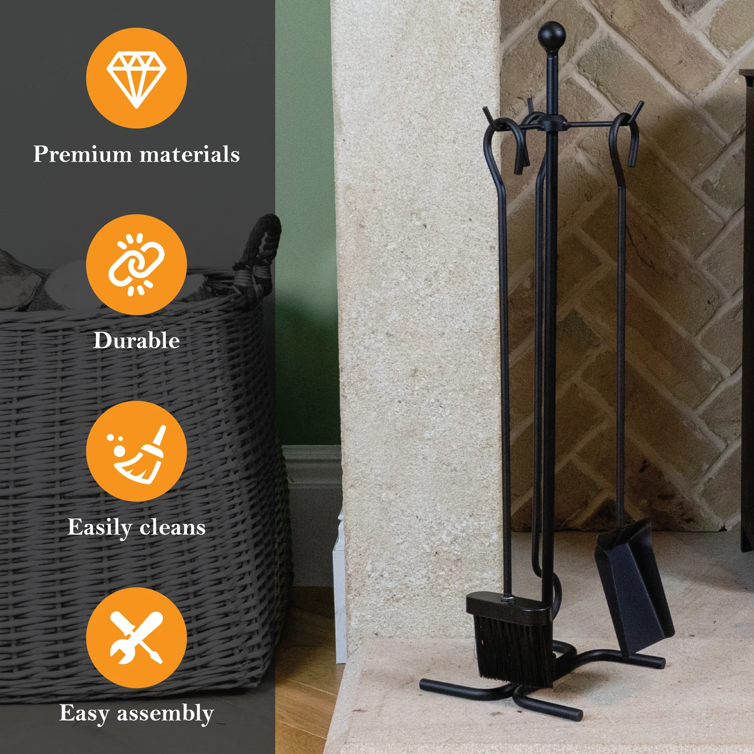 JVL Edale 3 Piece Fireside Companion Set And Stand - Image 5