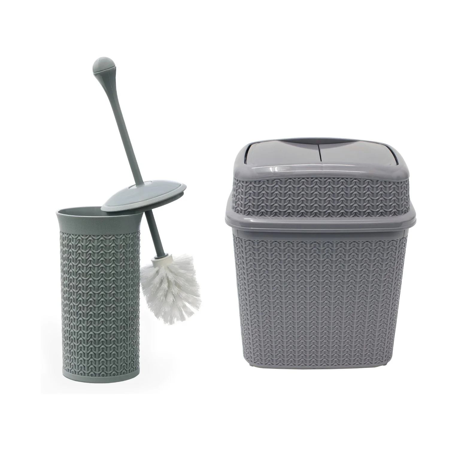 JVL Loop Toilet Brush And Lidded Bin Bathroom Set, Grey