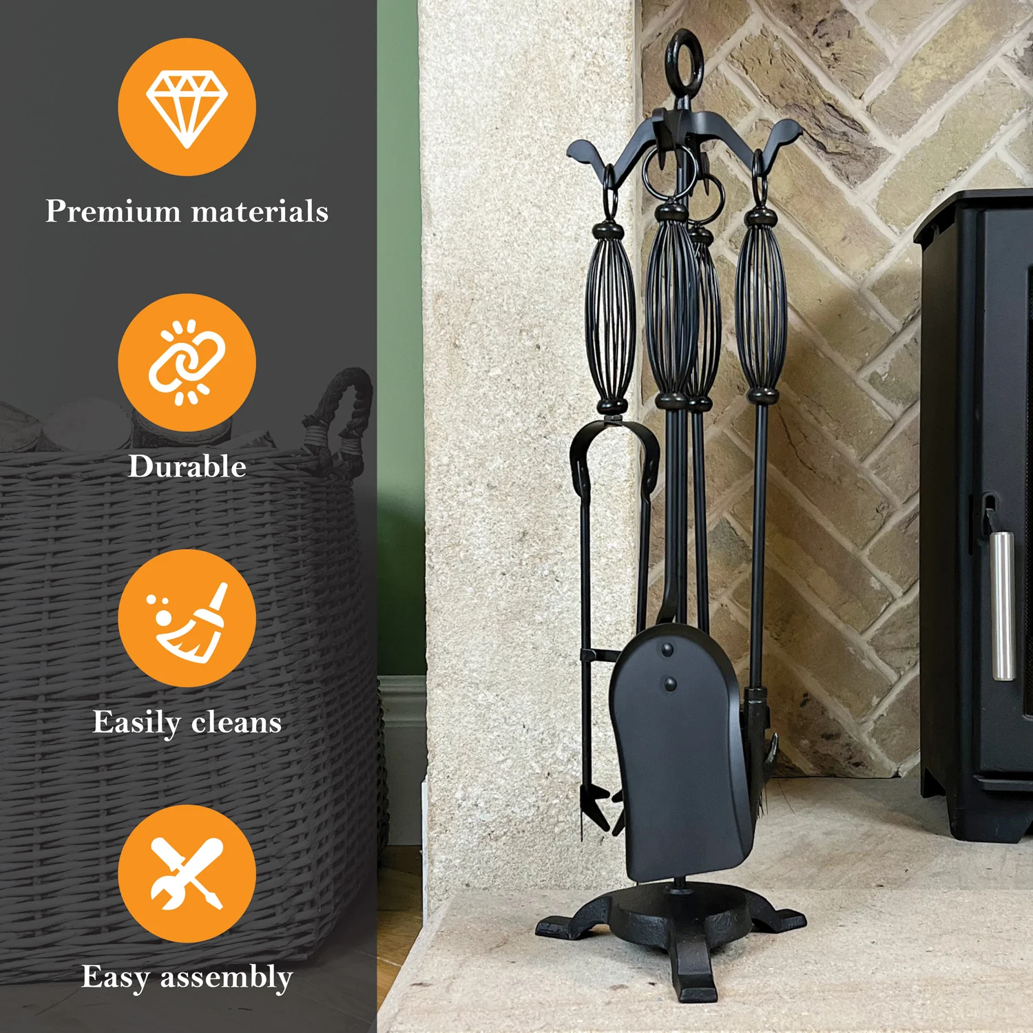 JVL Pennine 4 Piece Fireside Companion Set And Stand - Image 4