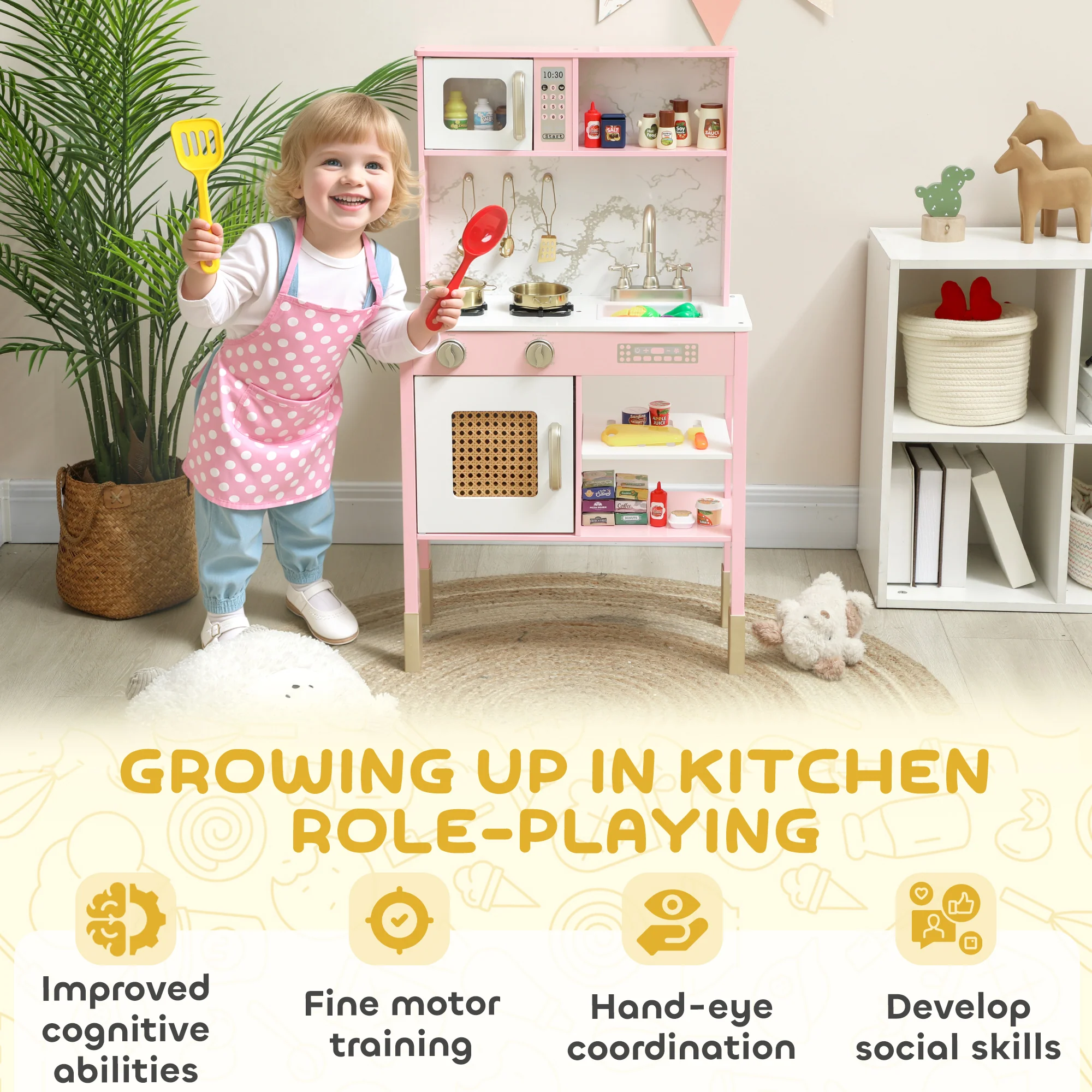 Kids Kitchen Playset with Pretend Play Kitchen Accessories, Pink - Image 8