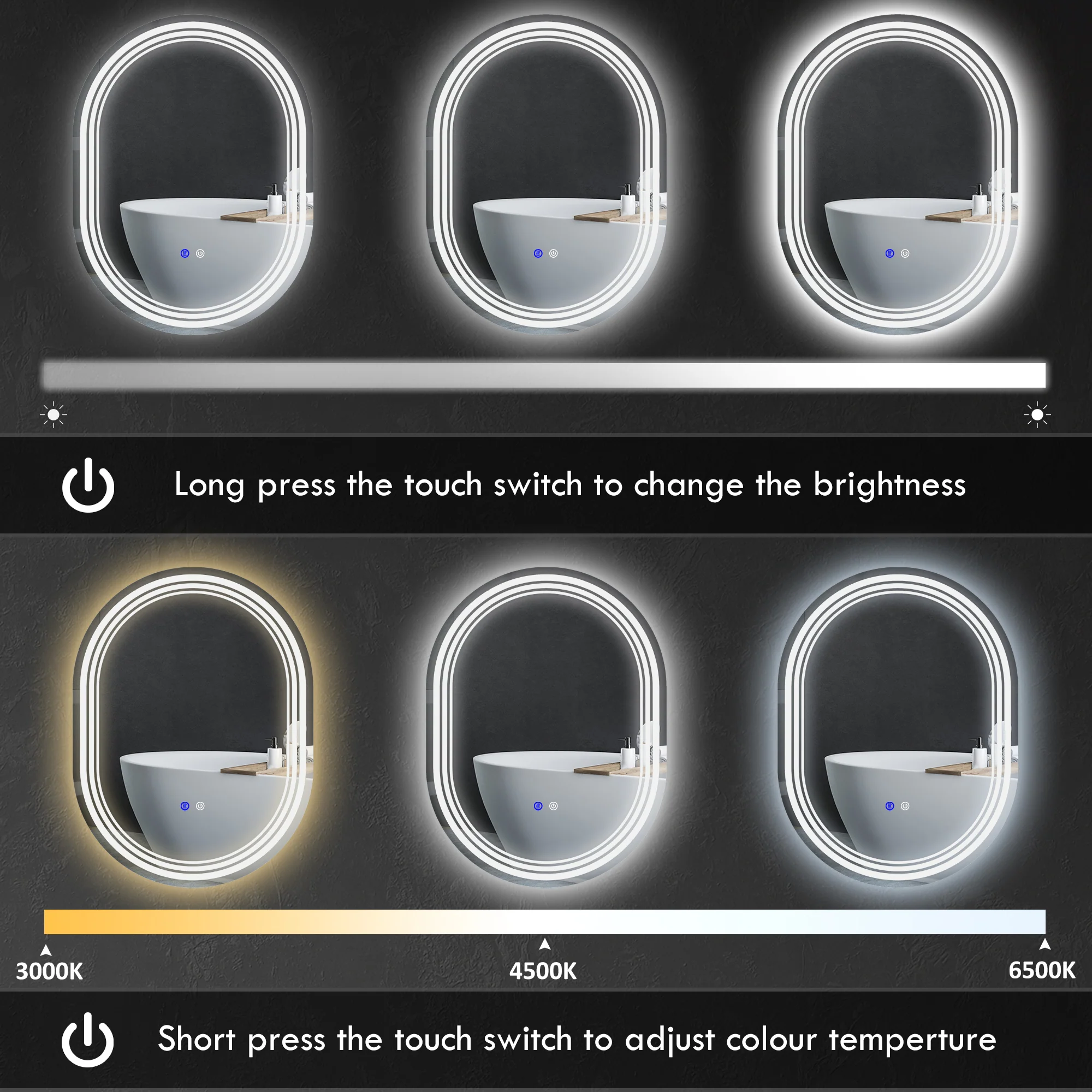 kleankin Bathroom Mirror with LED Lights, 3 Colours, Anti-fog, 70 x 50cm - Image 4