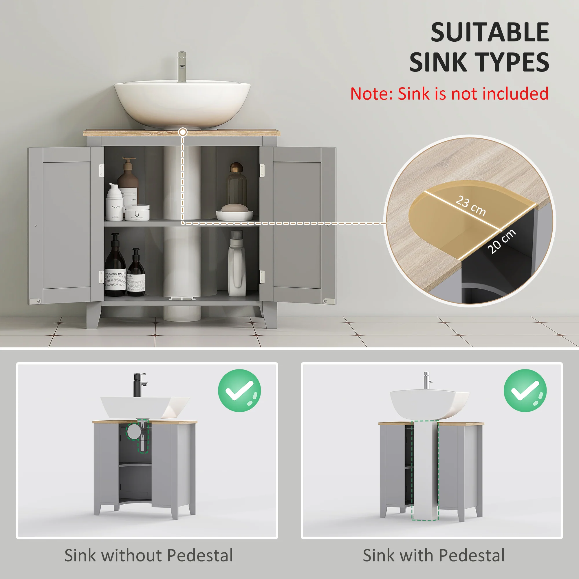 kleankin Bathroom Pedestal Under Sink Cabinet with Adjustable Shelf, Grey - Image 3