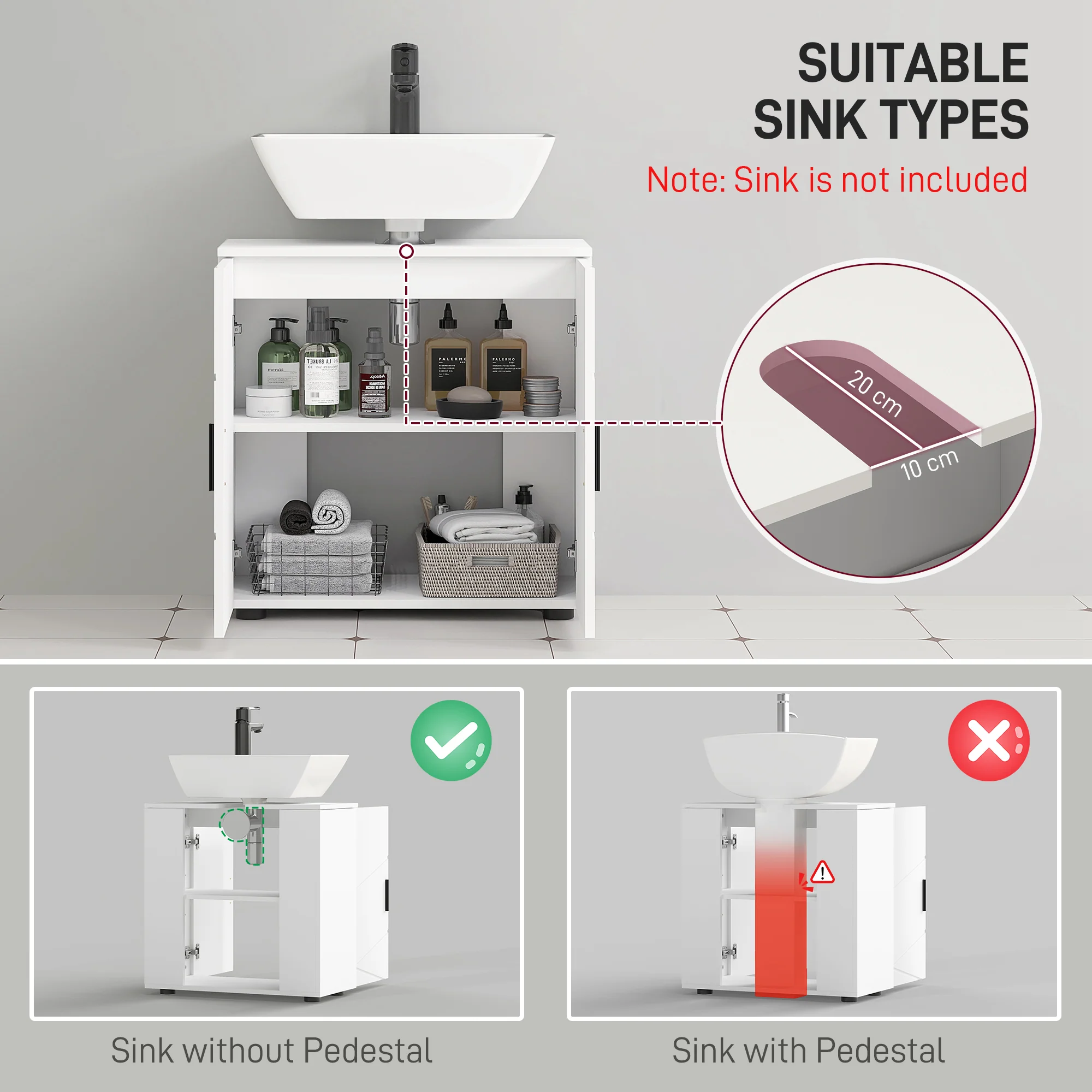 kleankin Bathroom Vanity Unit, Under Sink Cabinet with Shelf, White - Image 3